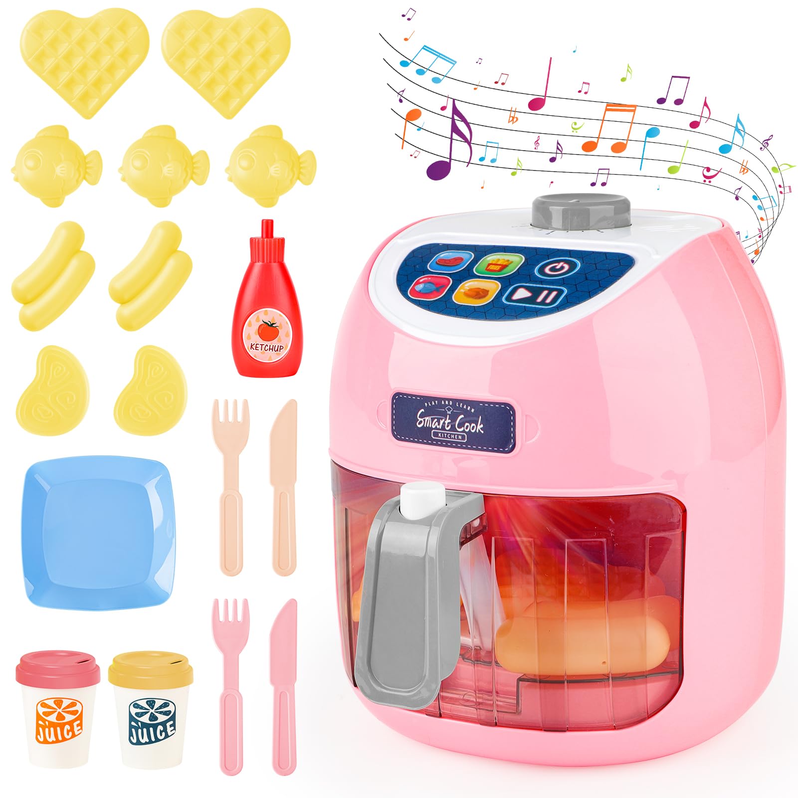 deAO Friteuse à Air Jouet, Ensemble de Cuisine avec Sons, Lumières (Rose) | Aliments Changeant de Couleur, Matériaux Sûrs, sans Bords Tranchants, pour Garçons et Filles, Cadeau Enfant