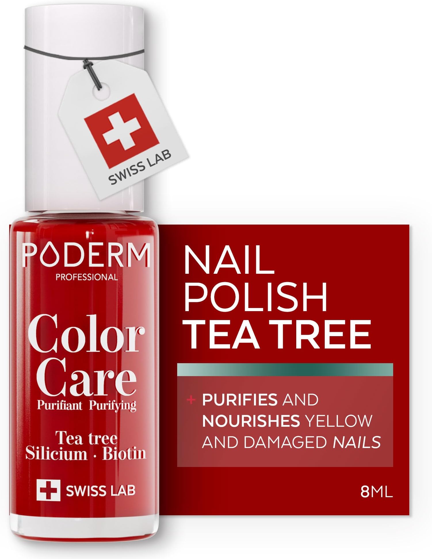 PODERM Swiss-Made Antifungal Nail Polish – Power Red | Breathable Treatment with Tea Tree, Silicon & Biotin | Strengthens, Repairs & Conceals Yellow, Brittle & Damaged Nails | Podiatrist-Developed
