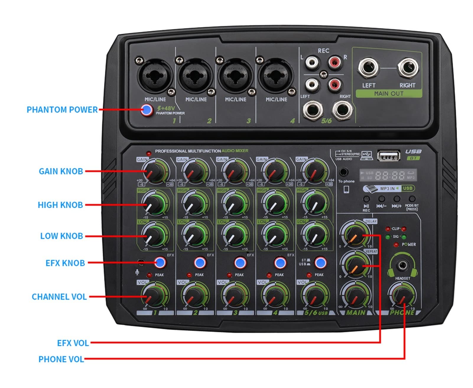 Attrezzatura per DJ per Feste 4/6-channel Sound Mixer Outdoor Conference Audio USB Bluetooth Reverb Audio Processor K Song Mobile Phone Live Broadcast with(B4L)