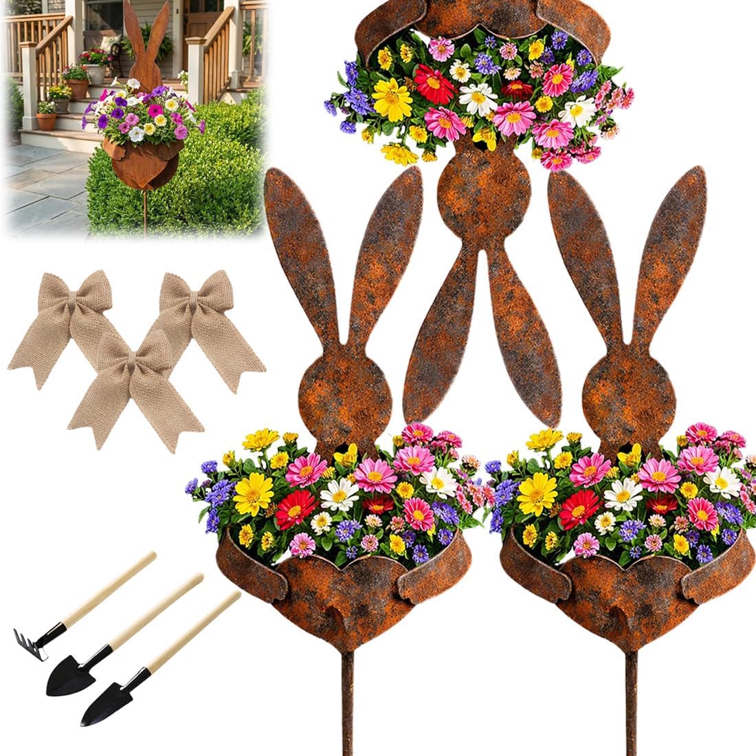 Easter Vintage Metal Rabbit Shaped Planter Garden Stake, Rustic Patina Bunny Silhouette Yard Decor for Small Flowers, Lawn, Yard & Spring Outdoor Displays (3pcs)
