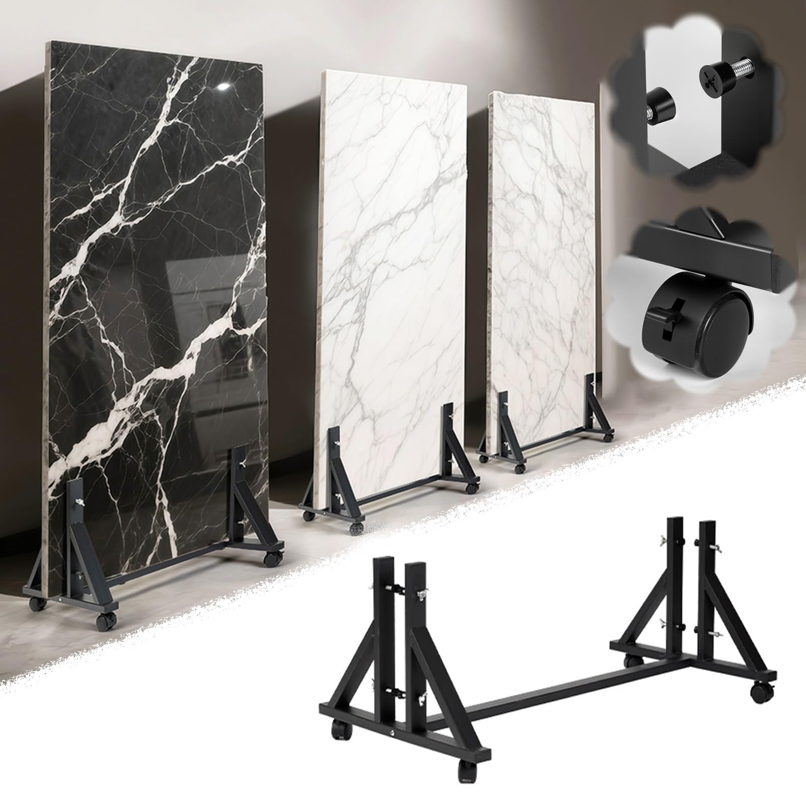 Il Carrello Heavy Duty del Campione del Supporto del Display di Piastrelle Mobile Regolabile per Showroom con Le Ruote di Blocco Protegge Le Lastre E I Campioni di Pavimento