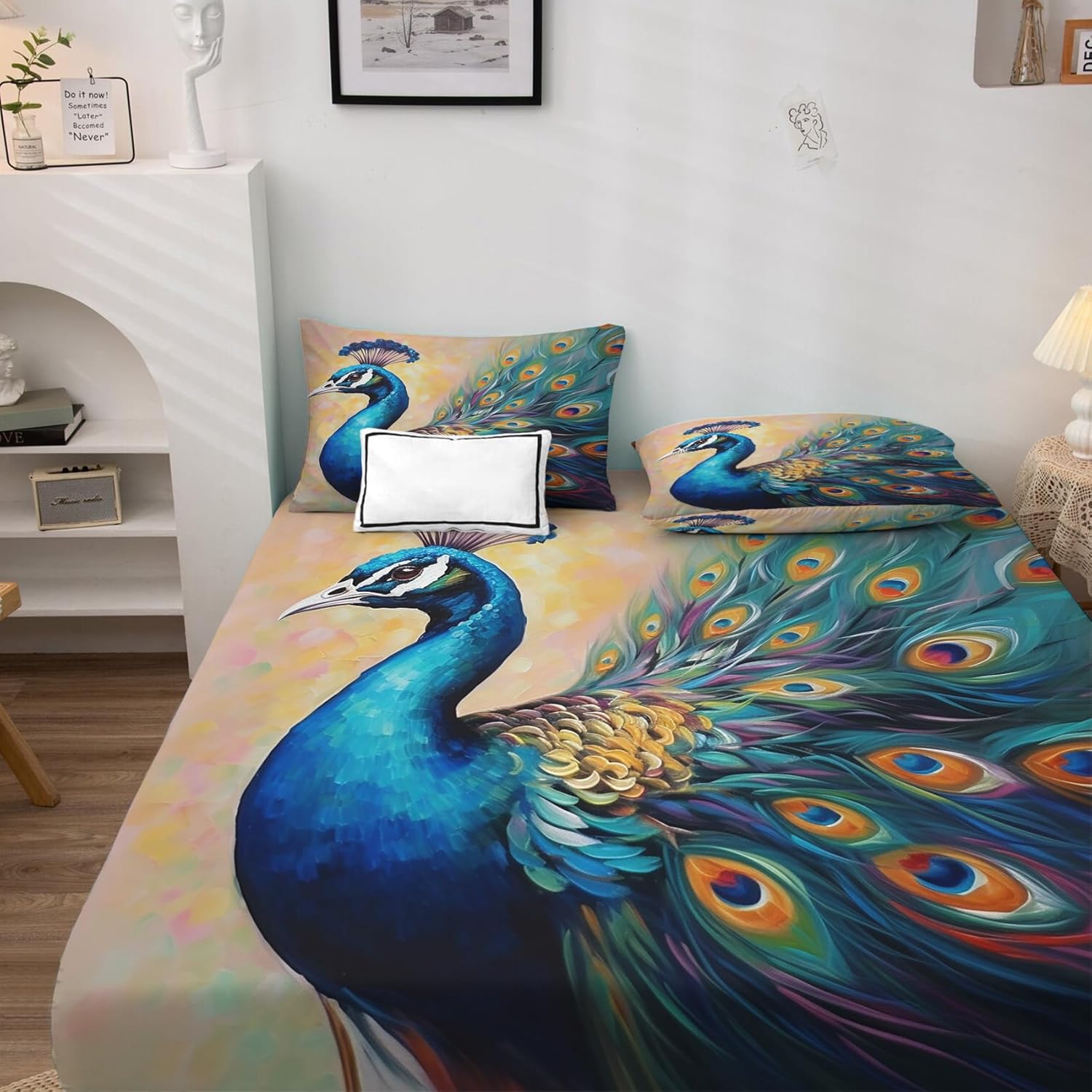 Peacock Sheets Twin Size, Feather Bird Bed Sheets, Patterned Bedding Sheets & Pillowcases 3 Piece Set - Soft Microfiber Deep Pocket Fitted Sheet & Flat Sheet & Pillow Case L2-&-88