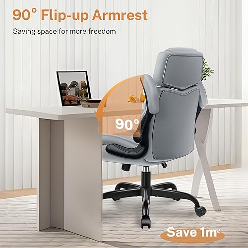 Miniatura 7 de Silla de Oficina con Brazos Abatibles, Silla Ejecutiva de Cuero para Oficina Ergonómica con Soporte Lumbar, Reposacabezas Ajustable, Silla de