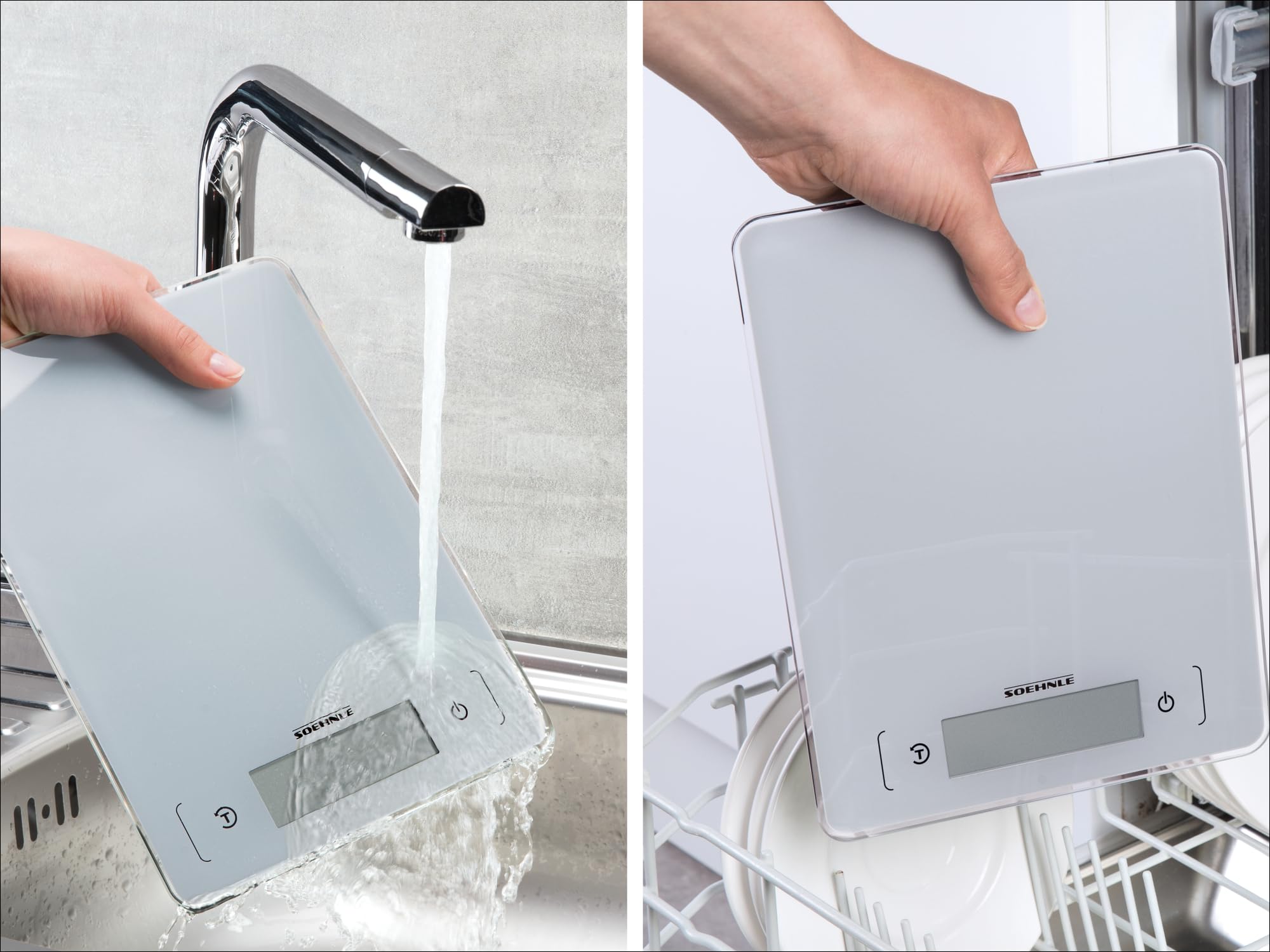 Soehnle Báscula de cocina Page Aqua Proof, báscula digital que pesa entre 1 g y 10 kg, peso de cocina apta para lavavajillas y con pantalla LCD XXL con dígitos de 23 mm de altura, gris | Microfibra micro duo para suciedad incrustada, giro 360°, apta para