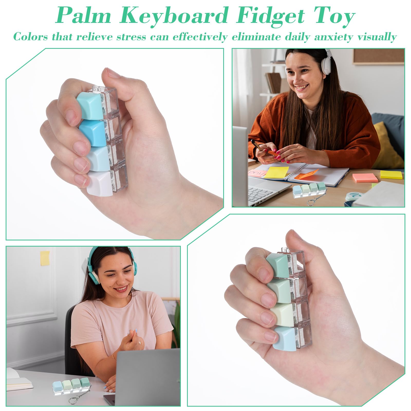 Klawiatura fidget, zabawka, fidget, klawiatura, przenośny przycisk, fidget, prezenty, 4 w 1, fidgets, brelok dla dorosłych, mężczyzn, kobiet, zielony, żółty, biały, niebieski, 4 szt
