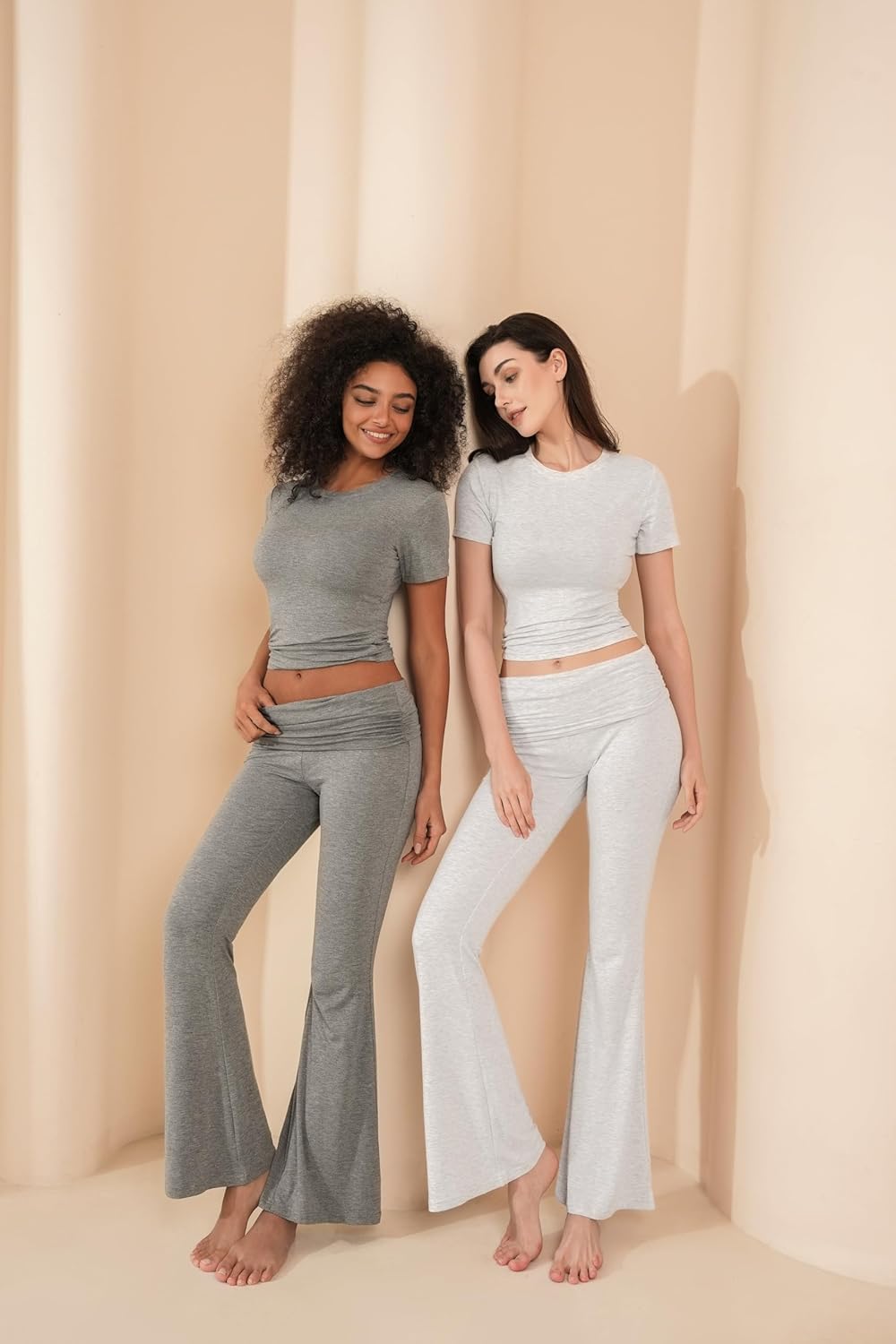 Motarto Women's 2 Piece Lounge Sets Short Sleeve Slim Fit Foldover Flare Pants Crop Top Casual Loungewear PJ - Image 2