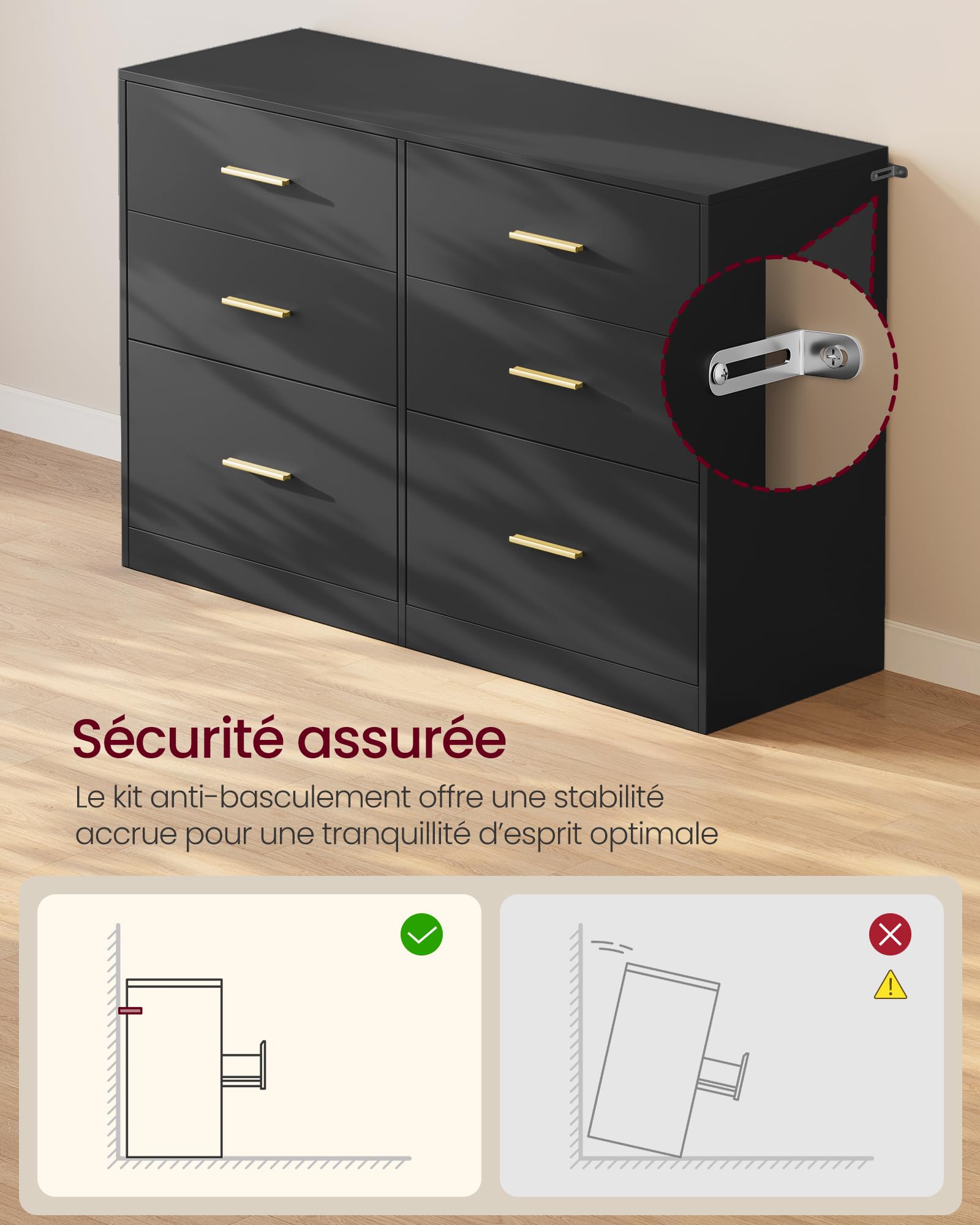 VASAGLE Custos Collection - Commode de Chambre, Armoire à Tiroirs pour Dressing, Style Moderne, Meuble TV pour Salon, 6 Tiroirs, 40 x 119 x 78 cm, Noir d'encre LTS416BC01