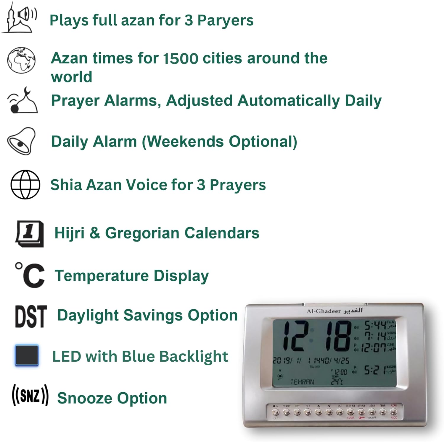 Premium Shia Prayer Set – Digital Azan Clock with Full Shia Azan with Black Aqiq Tasbih Beads for Zikr & Meditation – Luxury Islamic Gift for Ramadan, Eid, Home, Mosque