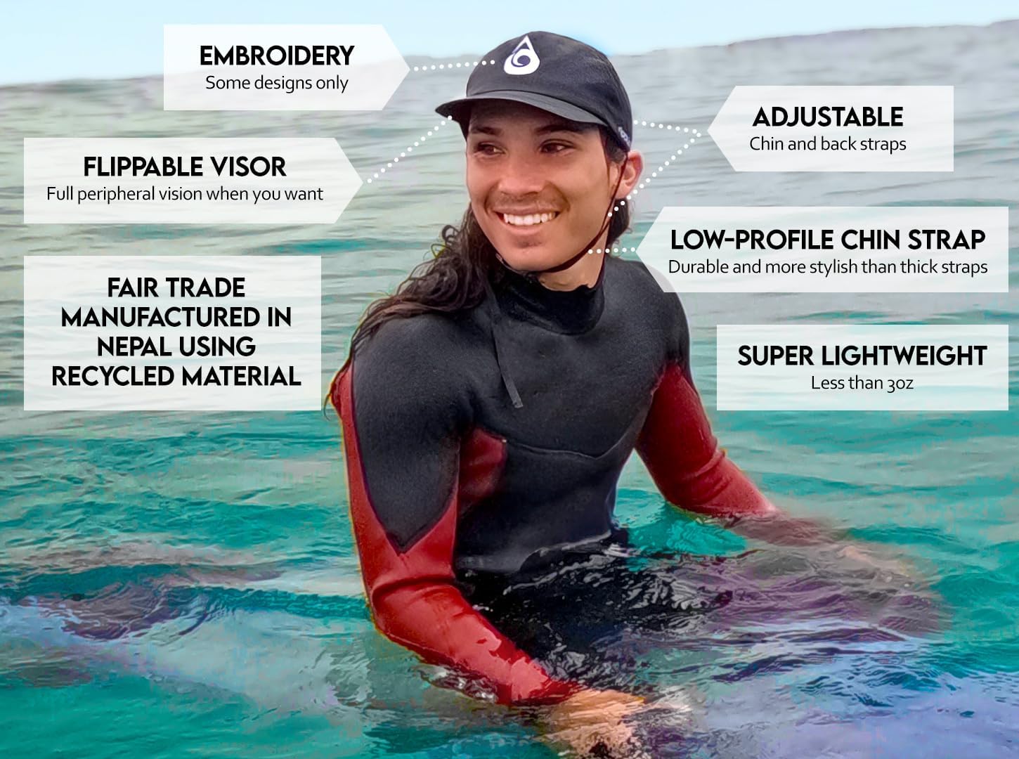 Ride On Surf Baseball Cap, Water Sports Trucker Surf Hat with Chin Strap Made from Recycled Material for Sun Protection