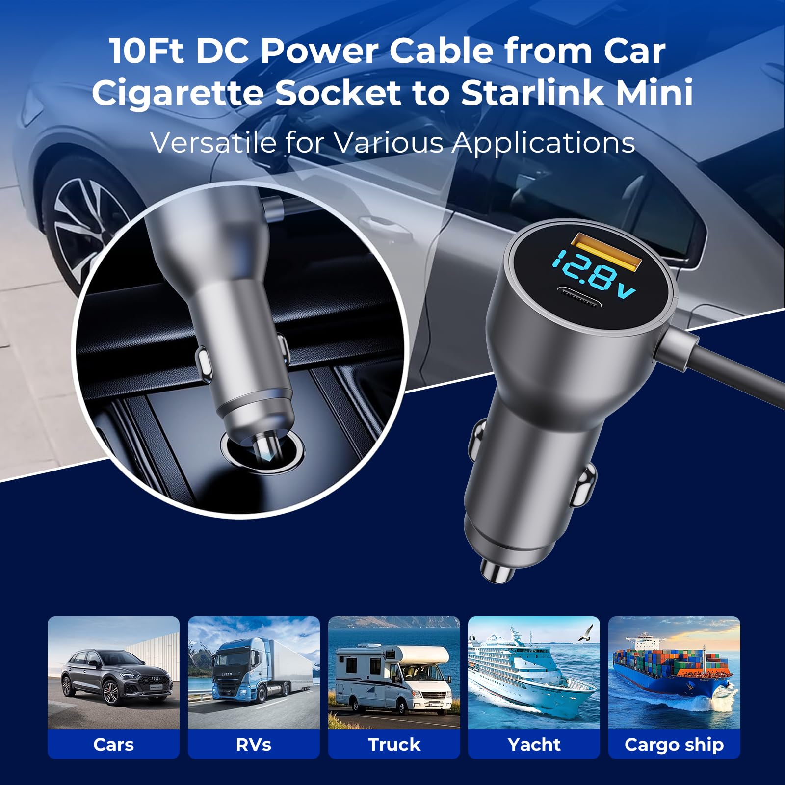 Starlink Mini Cable Starlink Mini Accessories Car Charger 3-in-1 DC Power Cable with 12V-48V Cigarette Lighter Adapter PD — view 3
