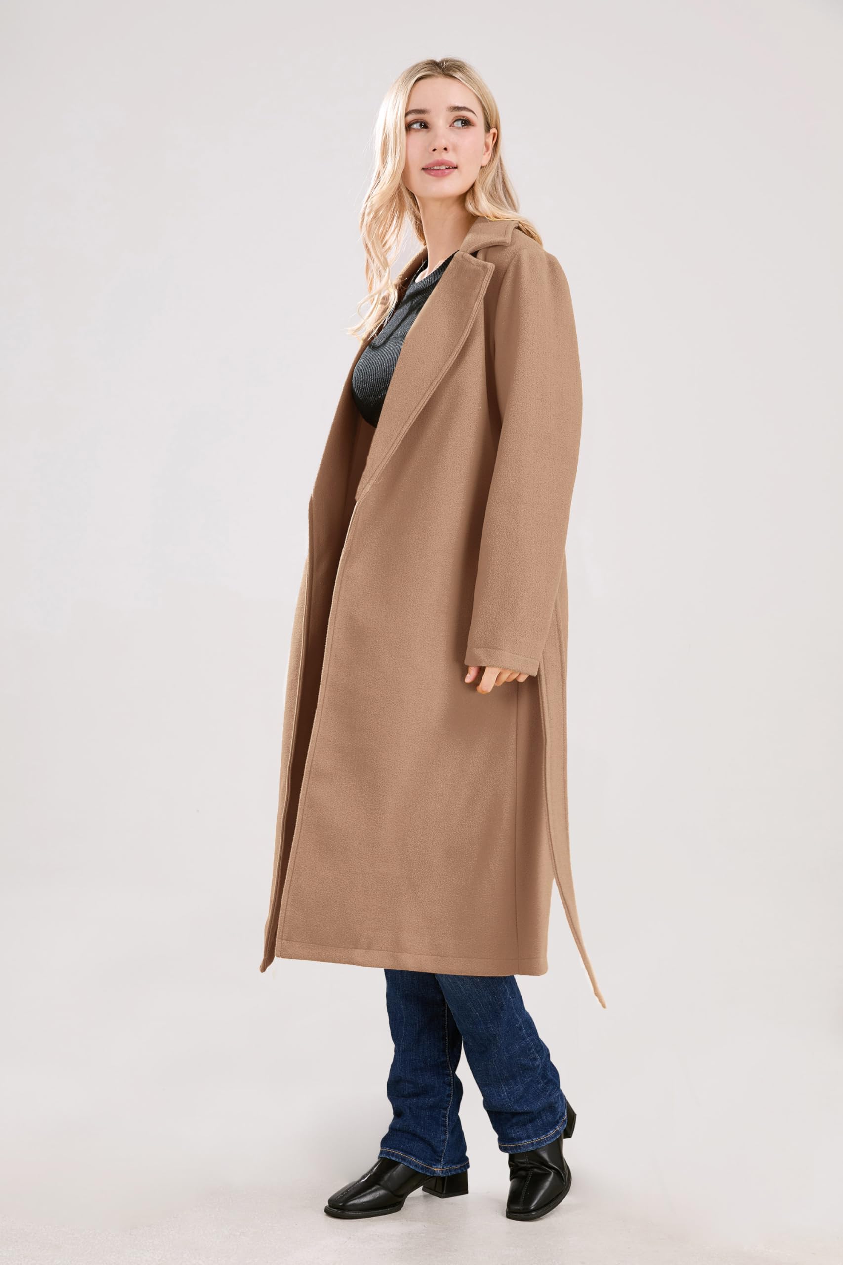 utcoco Cappotto lungo da donna in lana con colletto dentellato aperto sul davanti in misto lana trench con cintura