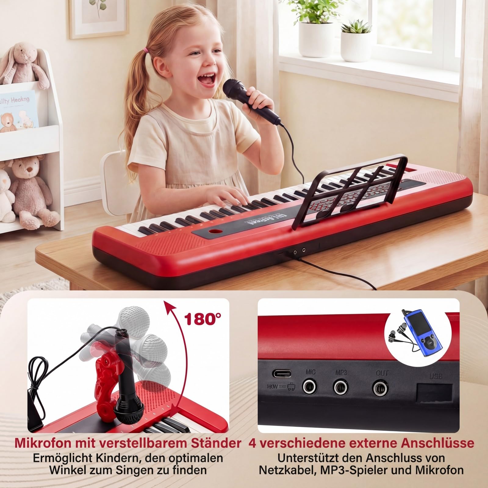 COSTWAY 61 Tasten Kinder Keyboard, Elektronisches Kinderklavier mit verstellbarem Ständer, Mikrofon & Notenständer, Kinderpiano mit Sounds, Demos & Rhythmen, für Kinder ab 3 Jahren (Rot)
