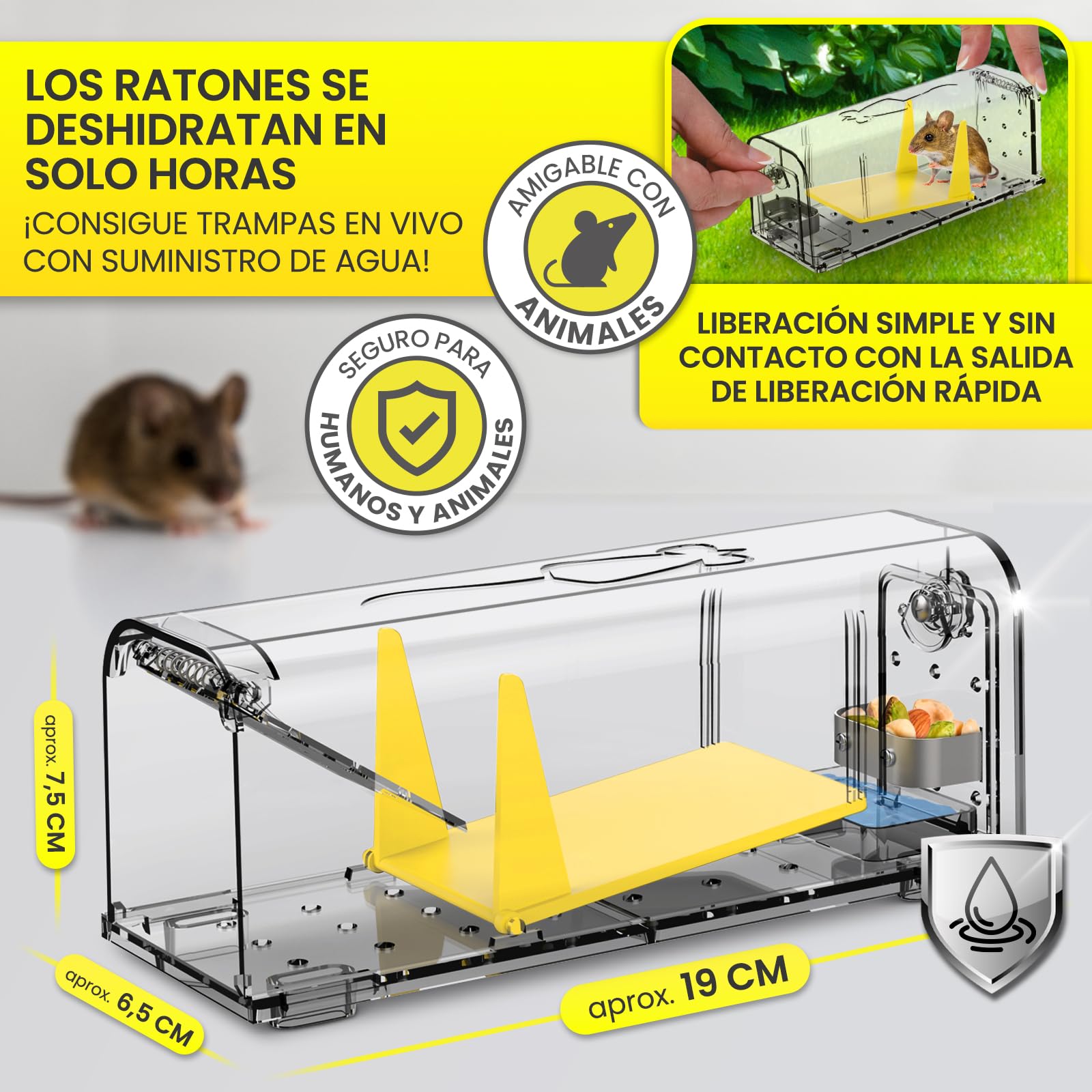 HEINWERT Trampa Para Ratones en Vivo con Depósito de Agua + Caja de Cebo para Ratones + Ventilación. Ratoneras para Ratones con Salida de Liberación Rápida sin Contacto. 2 Juegos de Cepos para Ratones