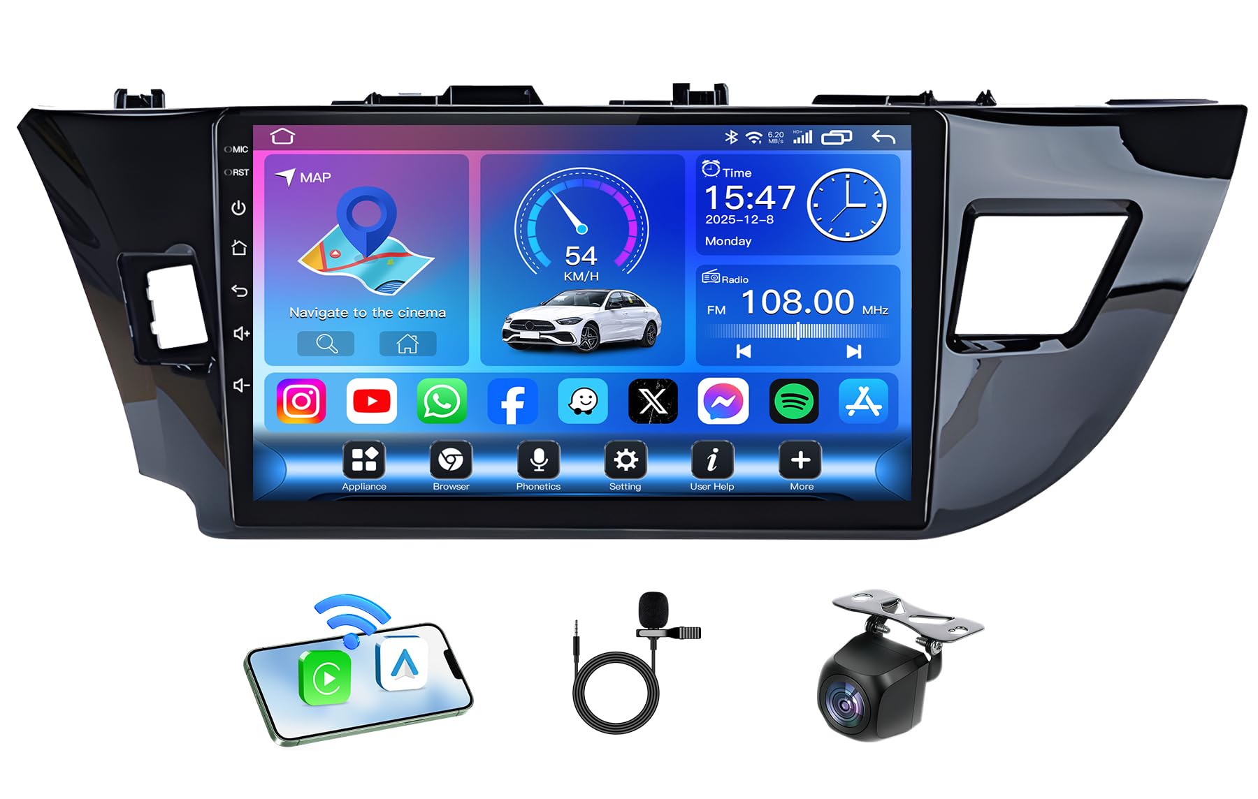 Car Radio for Toyota Corolla 2014-2016: 4Core 2+64G Wireless Carplay Android Auto 10 Inch 280x800P IPS Touchcreen Upgrade Stereo with 5G WiFi