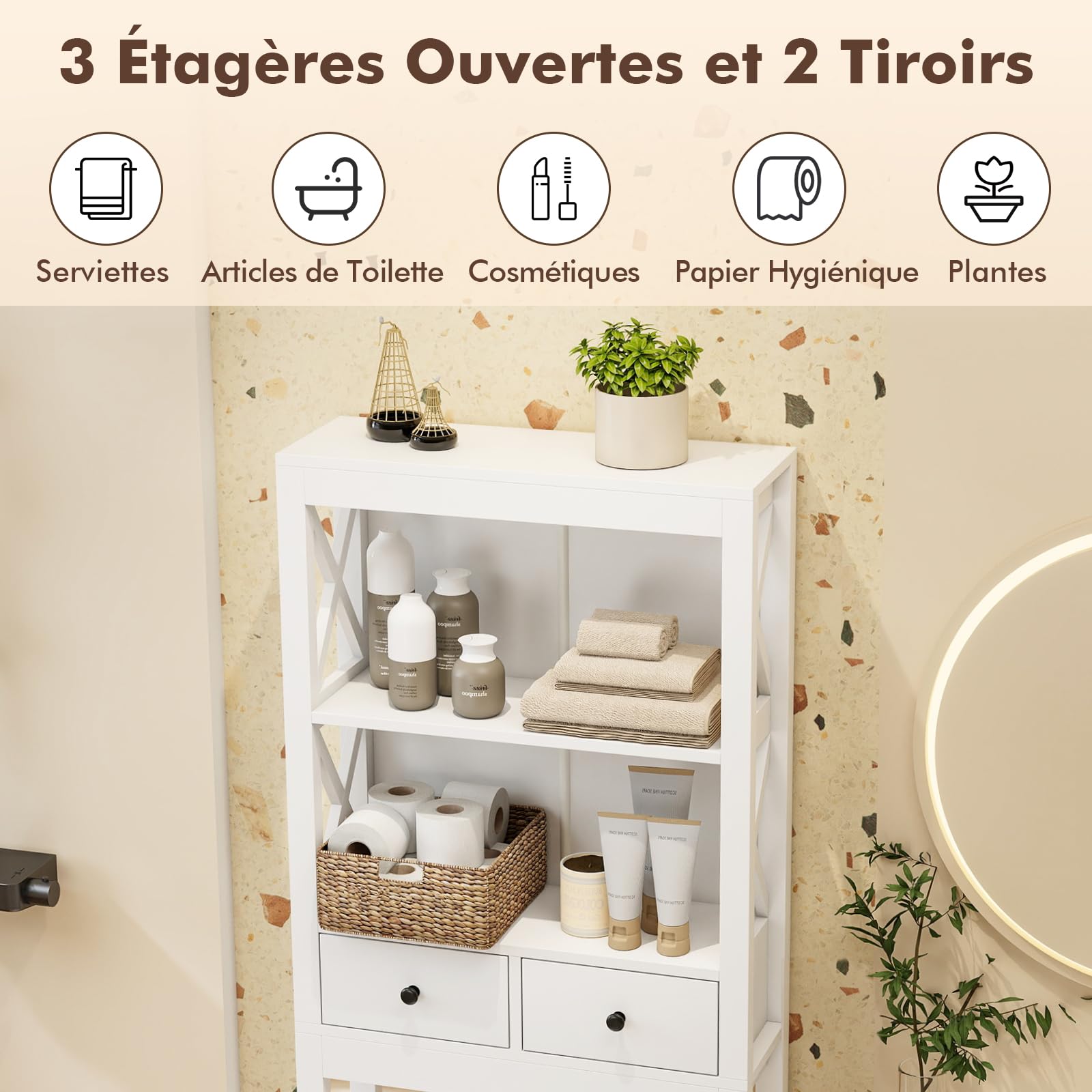 COSTWAY Meuble WC au-Dessus de Toilettes en Bois, Meuble de Salle de Bain avec 3 Étagères et 2 Tiroirs, Barre Inférieure Réglable, Dispositif Anti-basculement, 20 x 60 x 165,5 cm