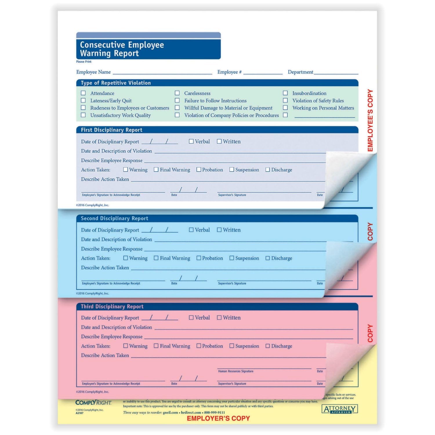 ComplyRight Consecutive Employee Warning Report 4-Part | 8-1/2” x 11” | Discipline Form | 50 Pack