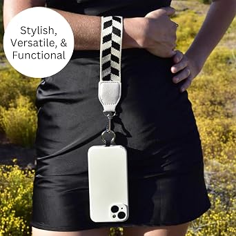 Save the Girls Original Clip and Go Phone Strap Pattern (Chevron Black/Cream - Cream Pouch) - Crossbody Phone Strap Chain with Zipper Wallet Pouch Phone Lanyard Zippered