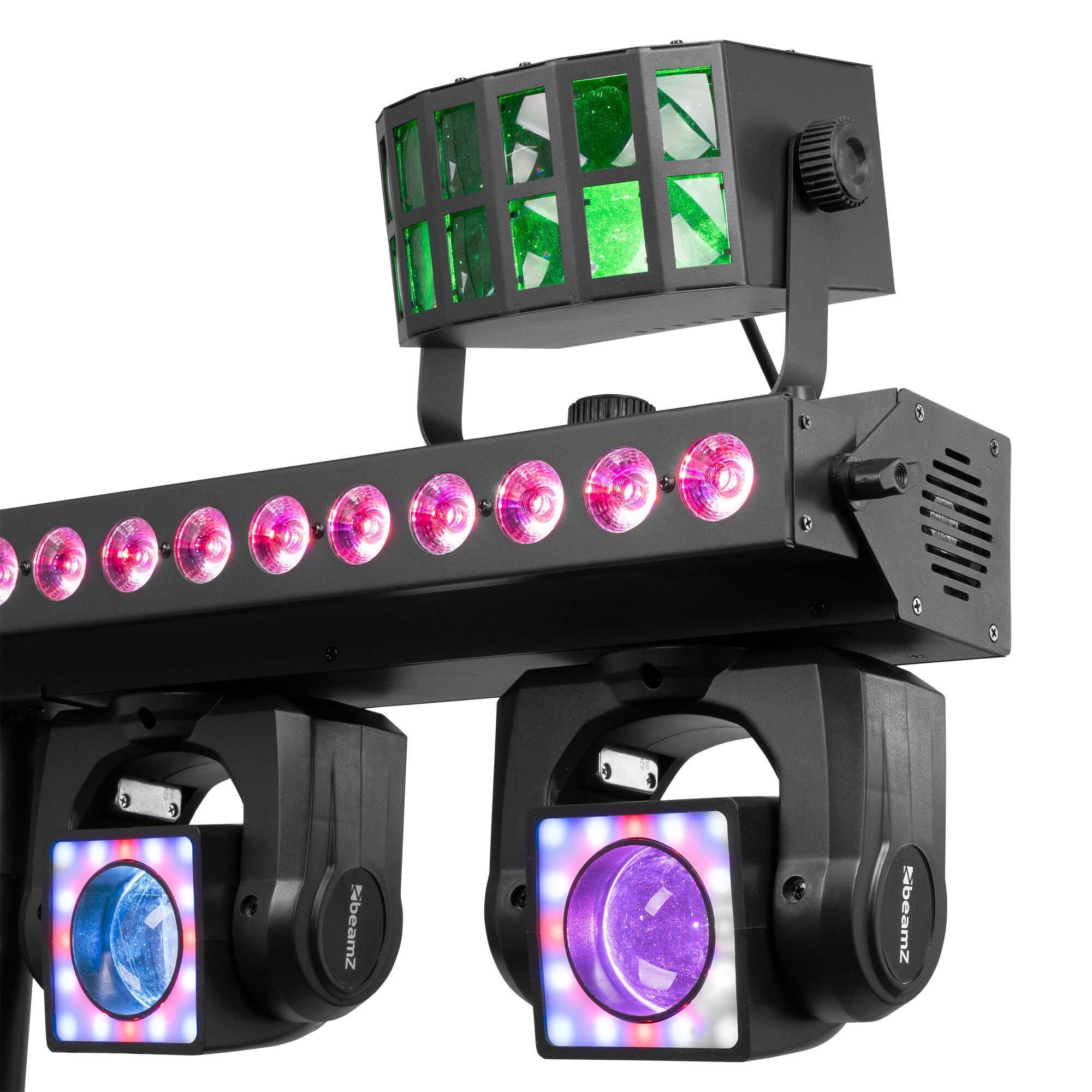 BeamZ ShowBar GO Ultra - LED Partybar, 4x Moving Head, LED Bar Wash Stroboskop, 2x Derbys - DMX Discolicht Partylicht Anlage, Disco Light DJ Equipment - Musikgesteuert, Fernbedienung & Halo-Ring