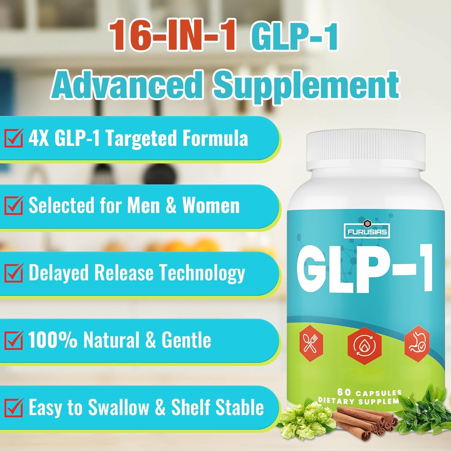 GLP-1, 16 in 1 GLP-1 Supplement for Women & Men, 4X GLP-1 Targeted Formula with Hops, Green Tea Extract & Cinnamon Bark, GLP for Gut, Digestion & Overall Health, Vegan, 60 Caps