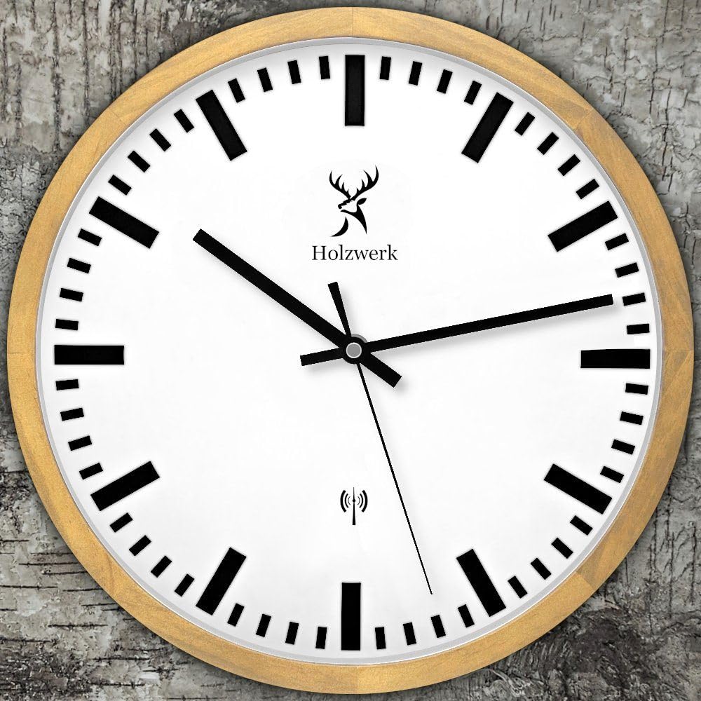 Holzwerk Germany Natur Funkwanduhr Funk Wanduhr Holz-Uhr Retro Vintage Funkuhr lautloses Uhrwerk ohne Tickgeräusche Braun Weiß Massive Buche lautlos aus handgefertigtem Massivholz Natur Holz 30 cm