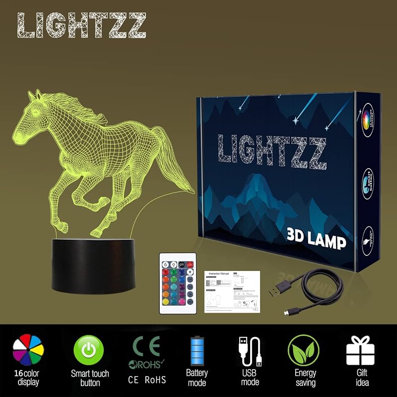 Lightzz 3D Ló Lámpa - 16 Színű LED Éjjeli Fény Gyerekeknek, Távirányítóval, Illúzió Hatású Dekoráció, Ajándék Lórajongóknak