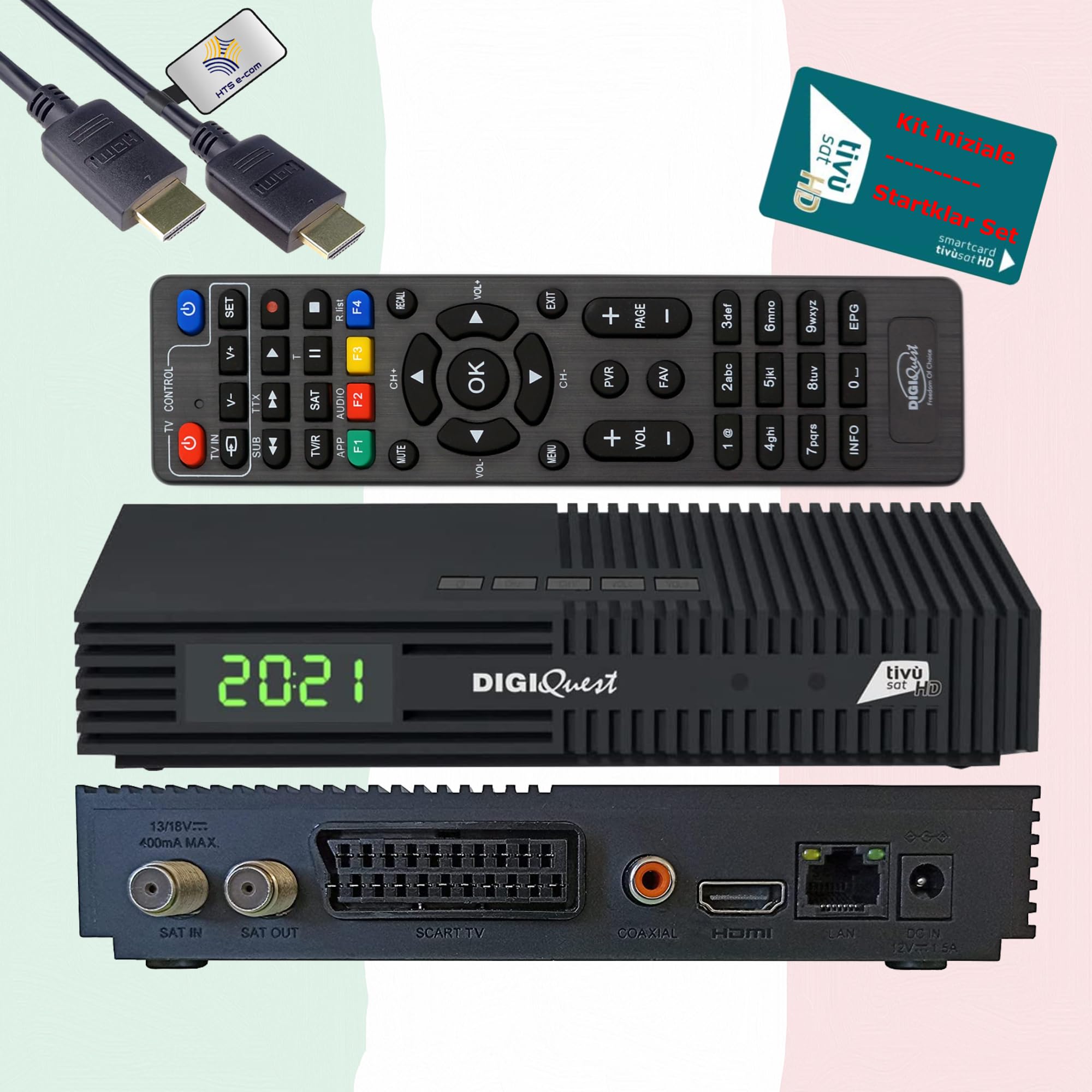 DIGIQuest Ti9 HD Sat-Receiver mit TivùSat HD Karte aktiviert, HTS eCom HDMI | Tivu zertifiziert, DVB-S2, Full HD 10Bit HEVC, Italien TV, Rai, Mediaset, LA7, Hotbird 13°, USB, 12V-Betrieb