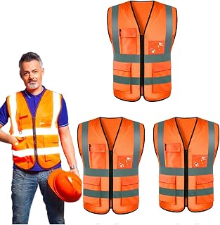 Chaleco de Seguridad Industrial, 3 Pcs Chaleco Reflejantes de Seguridad con 4 Bolsillos, ANSI/ISEA Alta Visibilidad Clase, Apto para Mujeres y Hombres Trabajo Ejecutivo, Correr, Bicicleta
