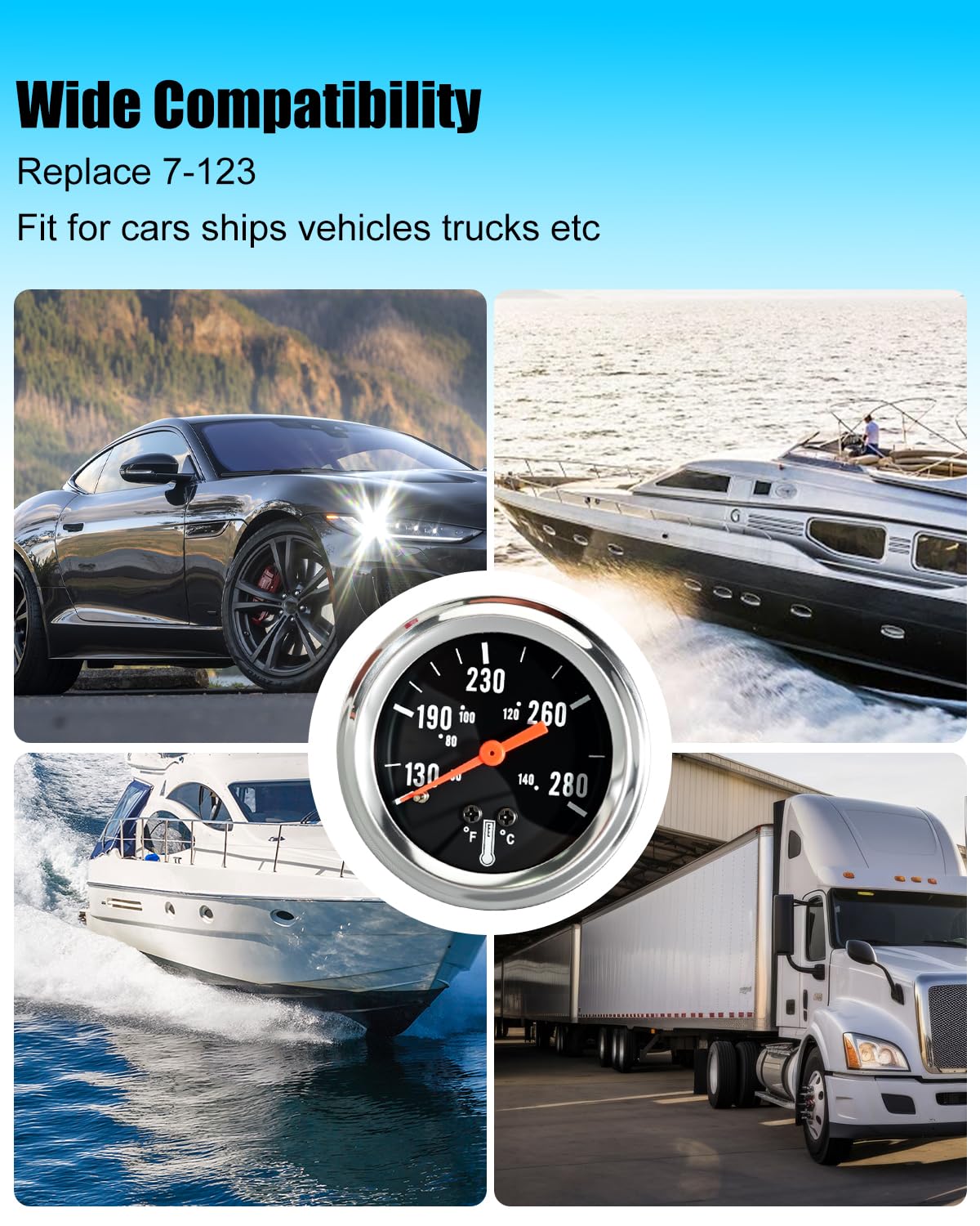 7-123 Water Temperature Gauge 2" 52mm Fit for Cars Ships Vehicles Trucks Motorcycle, 12V Pointer Mechanical Coolant Temp Gauge, 50-140°C/130-280°F, 1.8m Wire Length with Yellow Indicator Light
