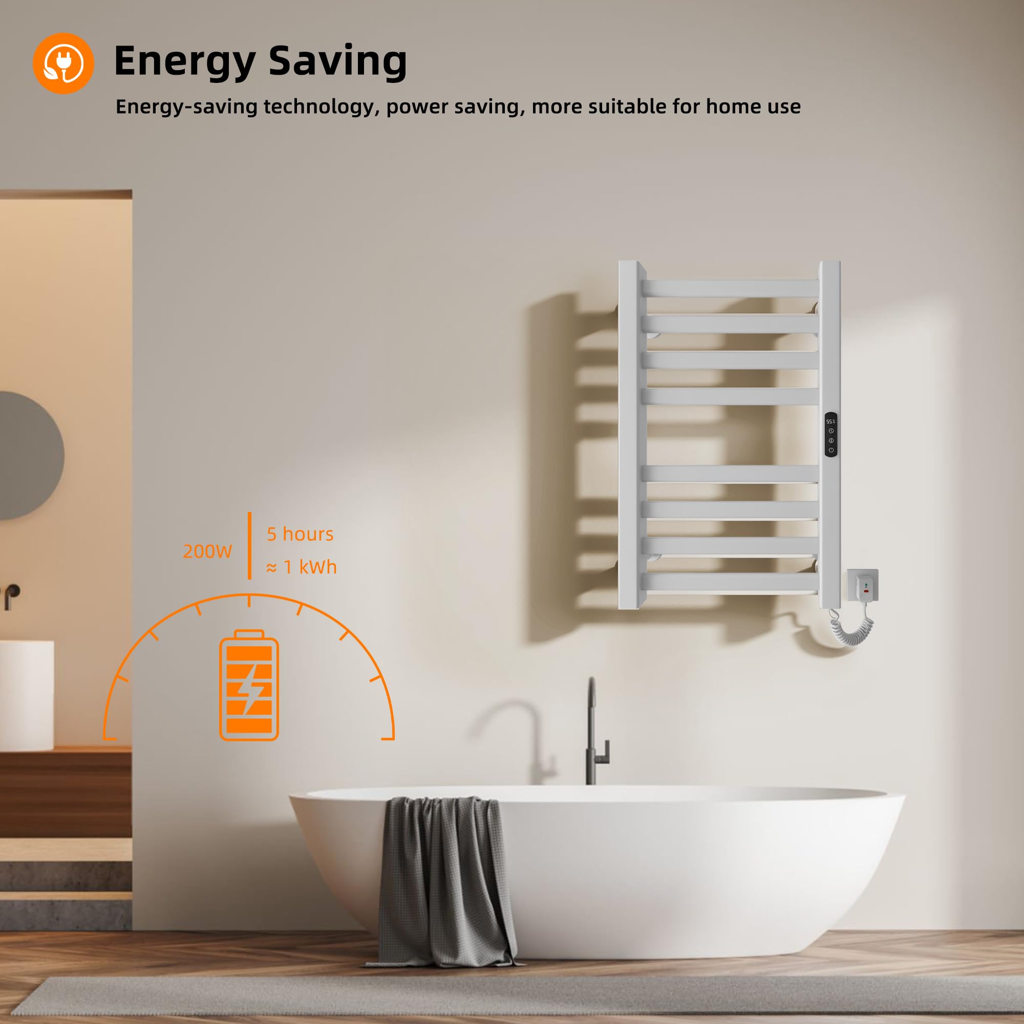 Radiador de Toallas 450x700mm Toallero Eléctrico Bajo Consumo Secador de Toallas Radiador Toallero eléctrico inteligente Calienta Toallas, calefacción de fibra de carbono, antracita-White Right