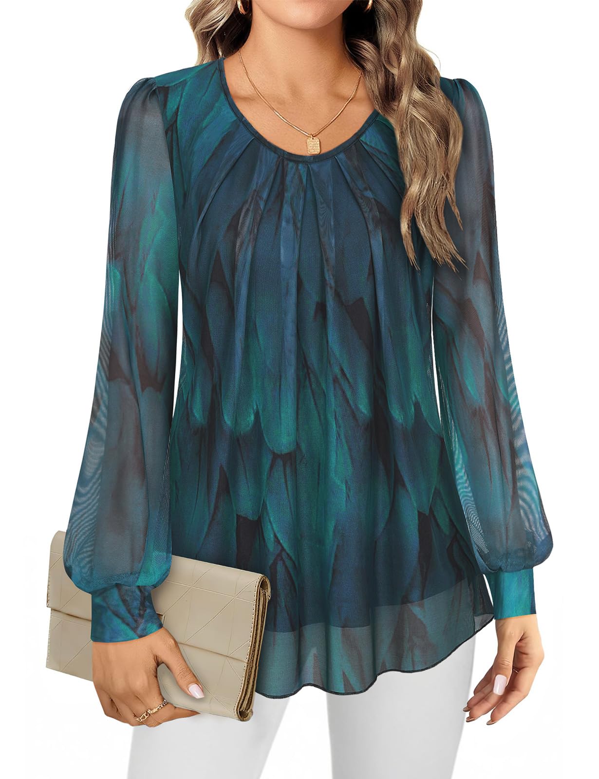 GemulateWomen's Blouses Ladies Long Sleeve Tops Chiffon Tops for Women UK Crew Neck Pleated Front Loose Fit Ladies Top Flowy Double Layered Mesh Shirts M-3XL