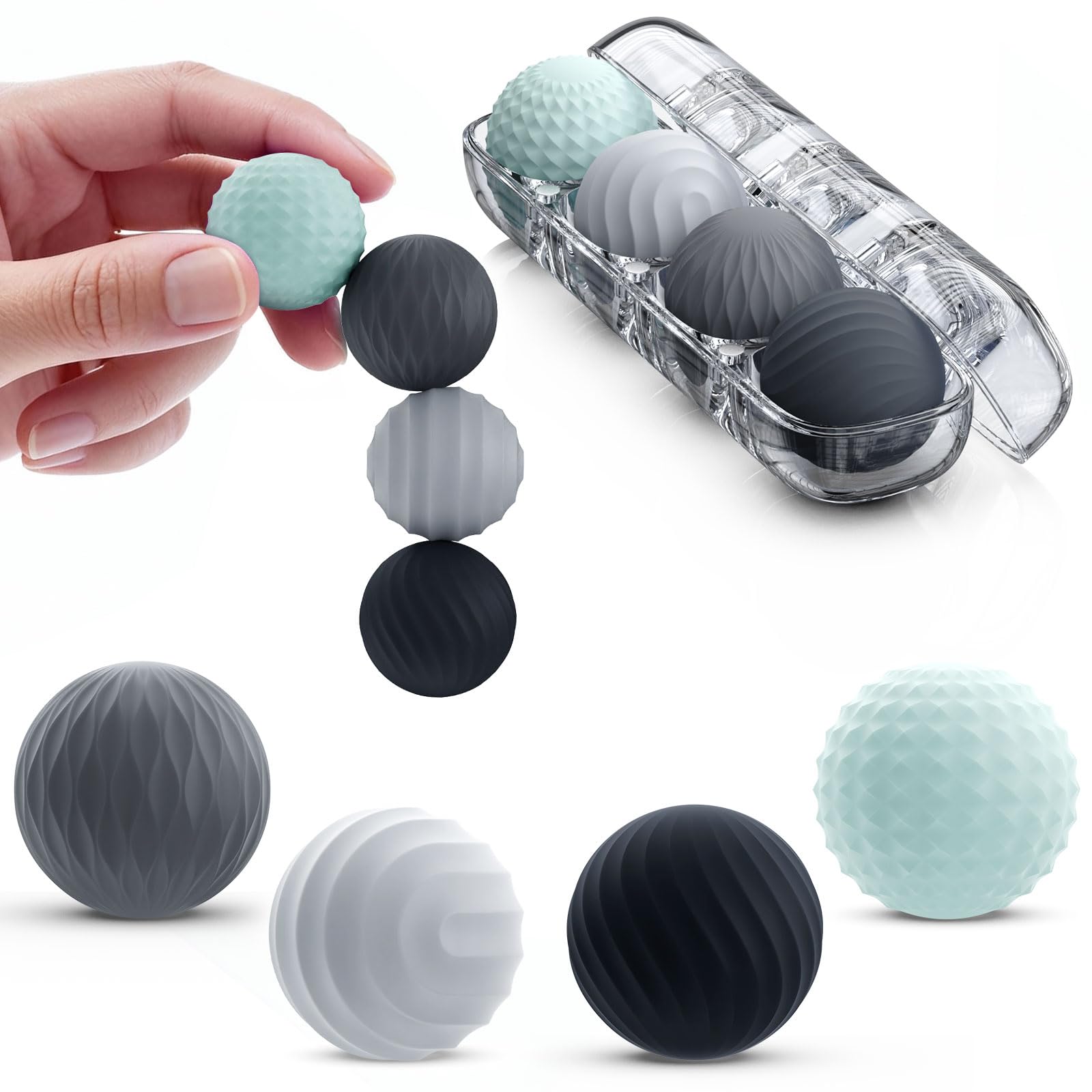 Silicone Massage Balls with Textured Dimples, Bumps, and Waves | Fun to Play for Adults | Help Relieve Stress, Anxiety, Tension, Fingertip Touch Training, Concentration Improvement (Set of 4)