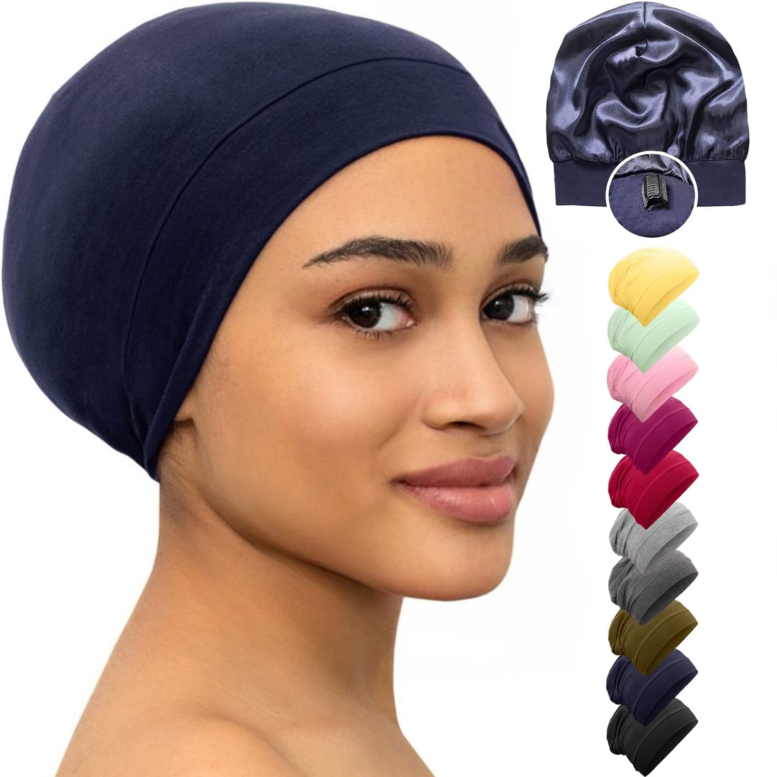 Sponsored Ad – Silk Satin Bonnet Hair Cover Sleep Cap for Sleeping Beanie Hat Adjustable Stay on Headwear Lined Natural Nurse Cap for Women