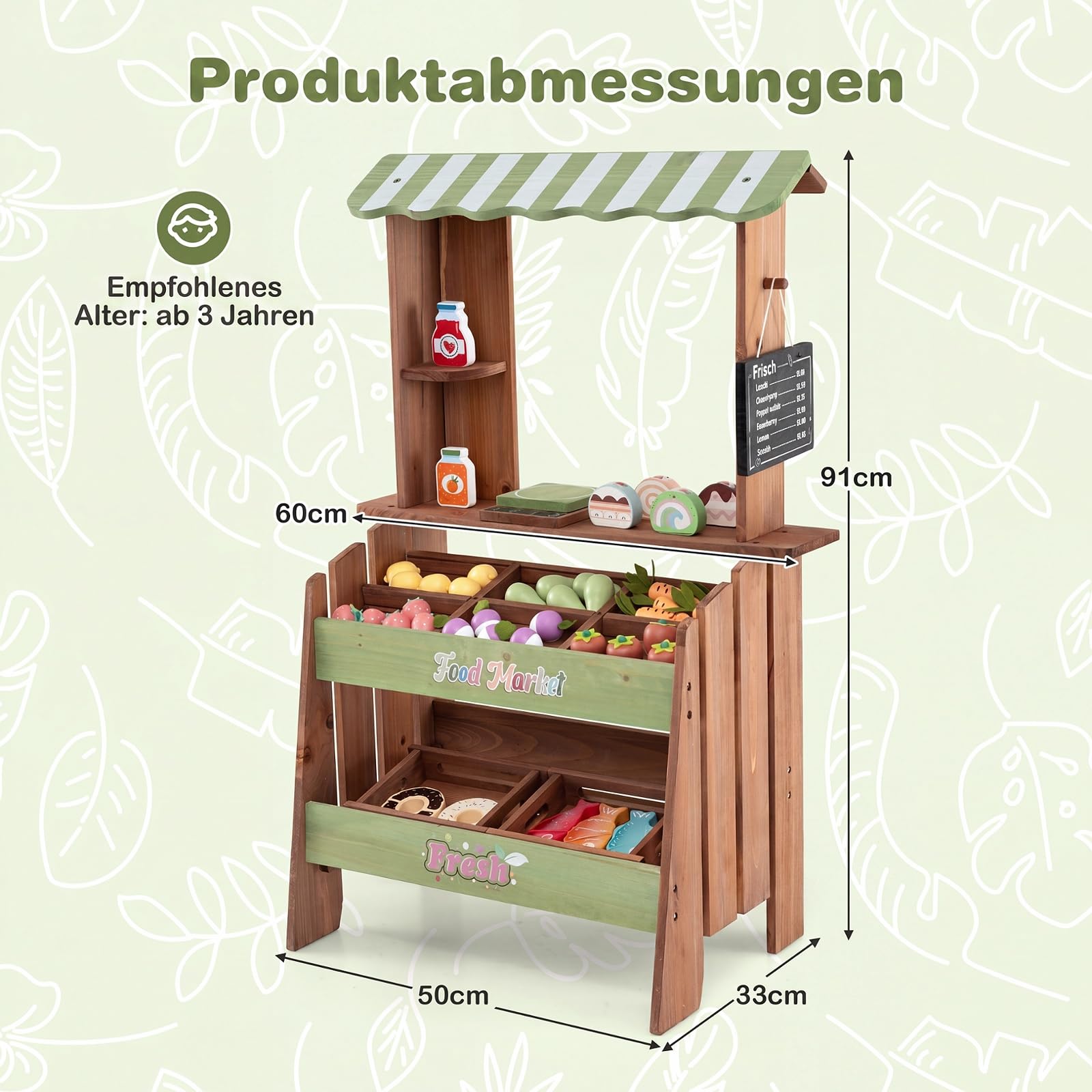 COSTWAY Kinder Kaufladen, Kaufmannsladen mit Waage, Kreidetafel, 43 Zubehör | aus Holz, Verkaufsstand mit 6 Fächern & 2 Boxen, Supermarkt für Kinder ab 3 Jahren