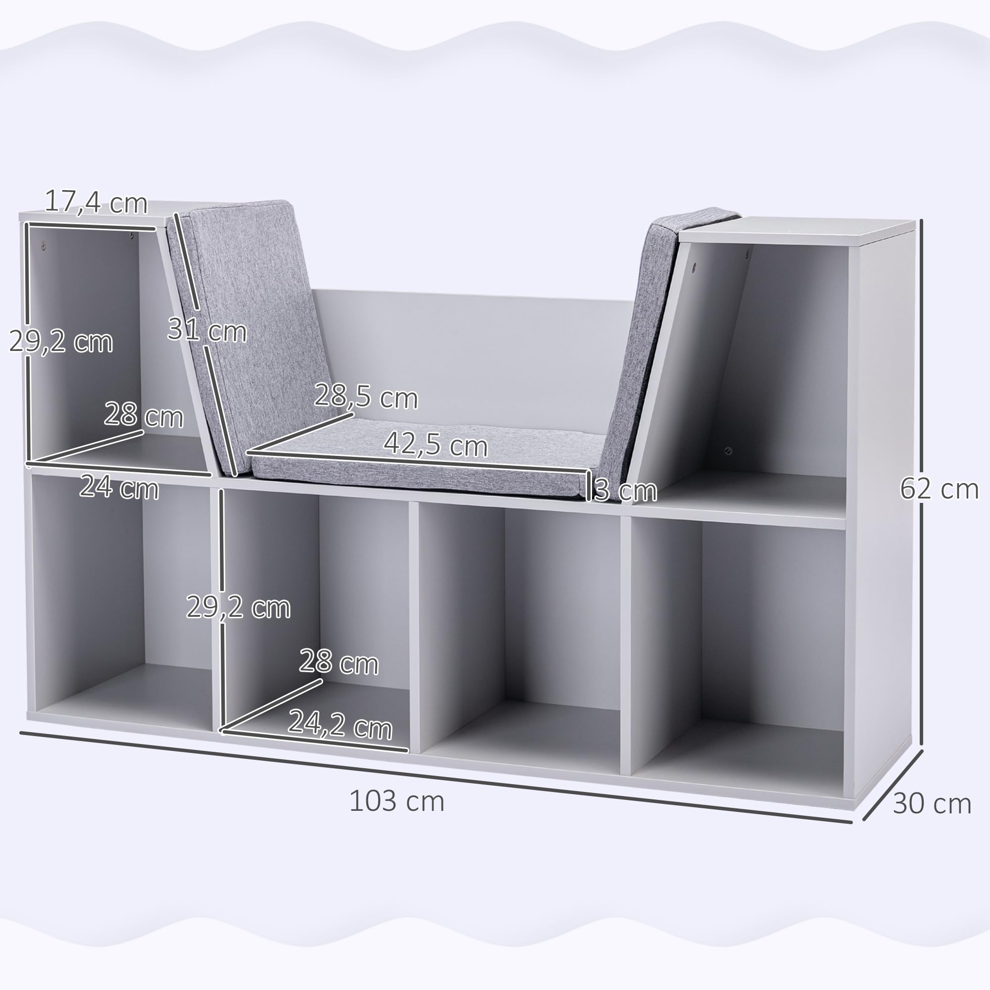HOMCOM Bibliothèque Enfant avec Banc 6 étagères 103x30x62cm Gris