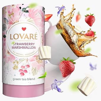 LOVARE Strawberry Marshmallow Loose Leaf Tea 80 g - Made in Ukraine - Green Tea, Cornflower Petals - Gift Box with 15 Paper Filters Strawberry Marshmallow