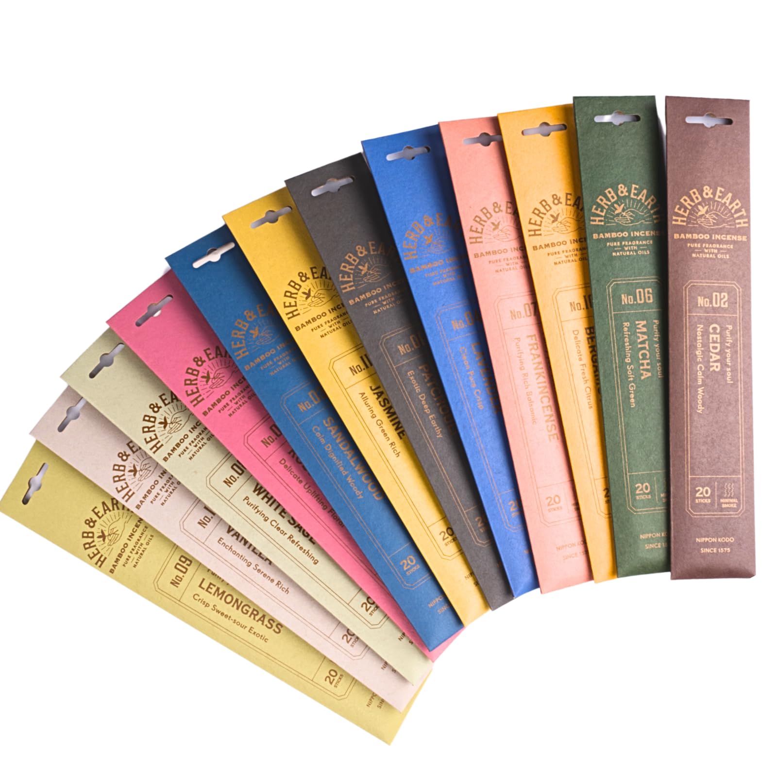 Nippon Kodo Herb & Earth Japanische Premium Räucherstäbchen 12er Set Alle Düfte | Natürliche Zutaten, intensiver Duft | 240 Sticks