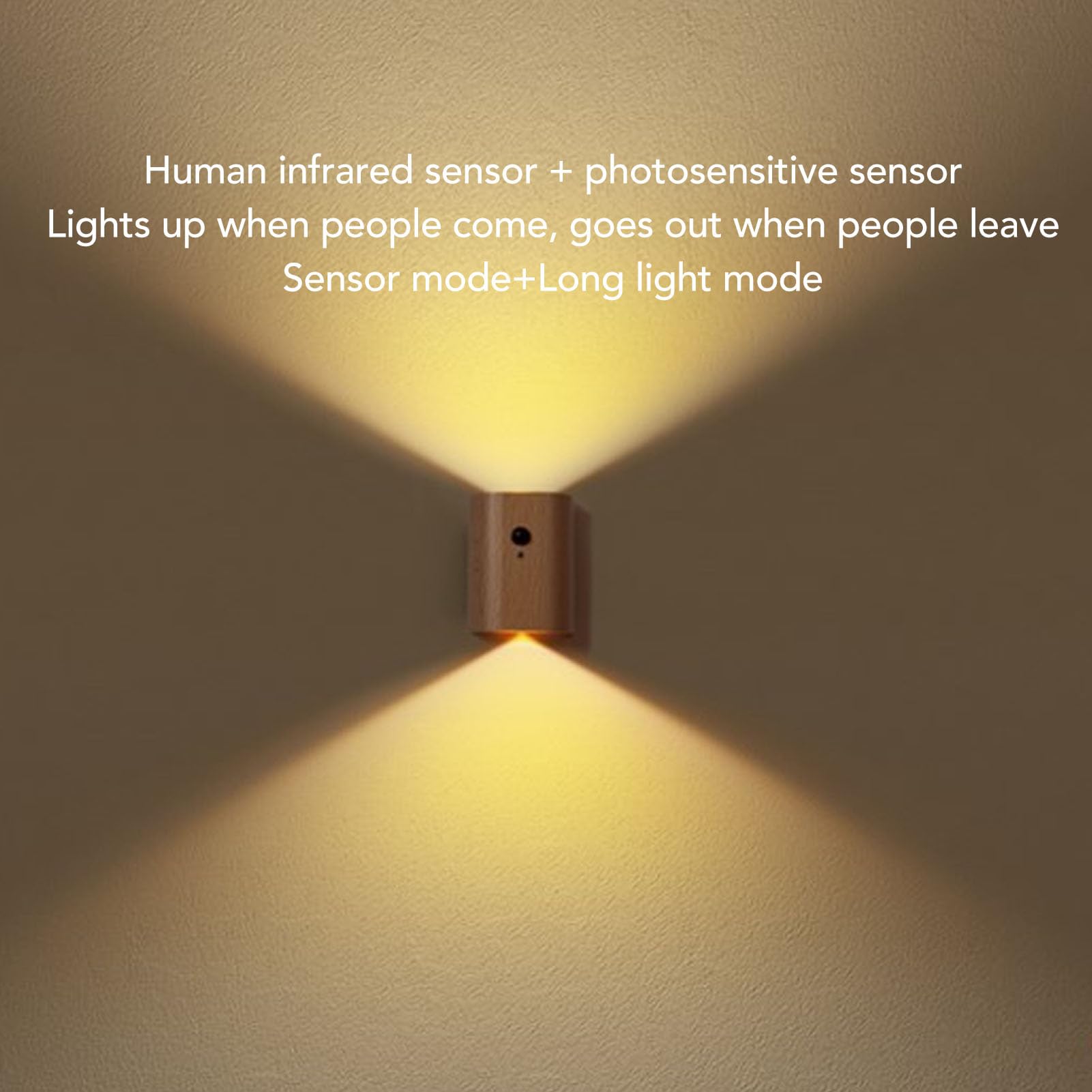 Luce notturna del sensore di movimento, 2 pezzi collegamento intelligente in legno LED magnetico luce da parete USB ricaricabile 360° direzione regolabile su e giù luce notturna