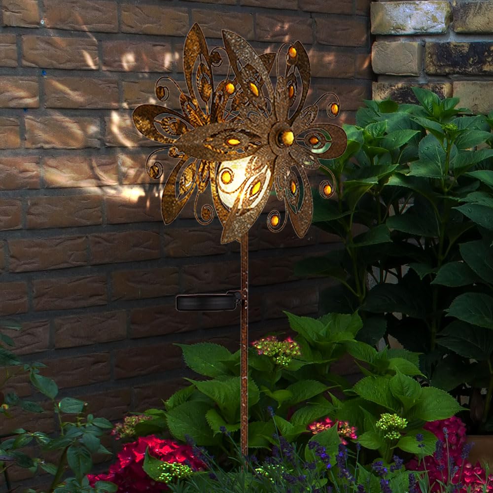 GLOBO Solarleuchte Windrad Solarlampe Erdspieß Gartendeko Solar Gartenstecker rost, Metall, LED warmweiß, 2er Set
