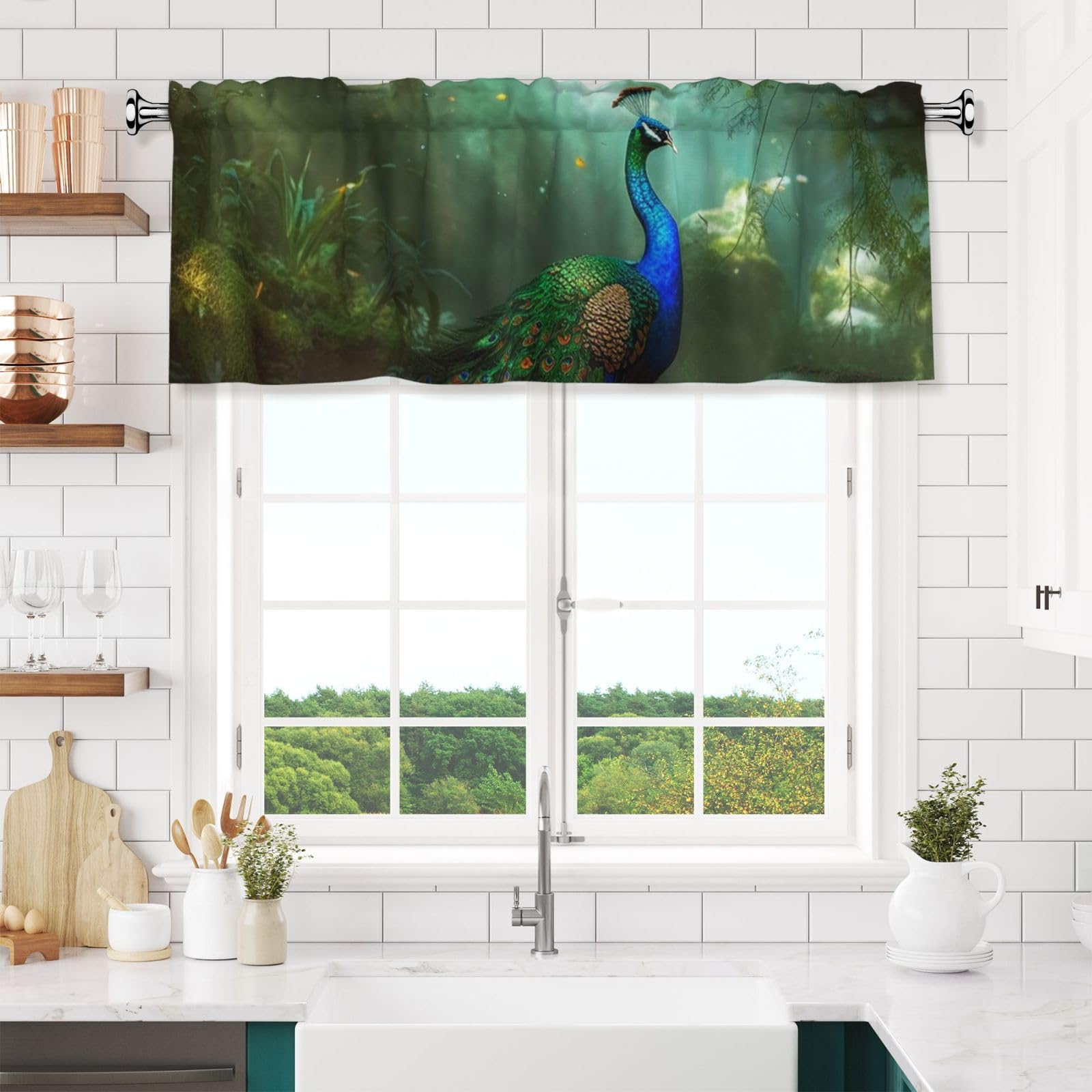NONHAI Peacock Valances for Windows Short Curtains Rod Pocket Cafe Window Treatments Valance Curtains for Kitchen Bathroom Laundry Basement Windows 54x18inch Blackout Window Valance