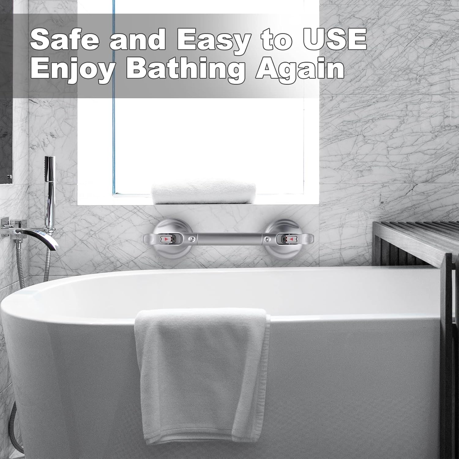 Heavy Duty Suction Shower Grab Bar - Toilet Bathroom Bathtub Safety - Shower Handles, Suction Cup Power Up to 250 LB, Perfect for Elderly Seniors(18.5 Inch, Gray Silver) ver
