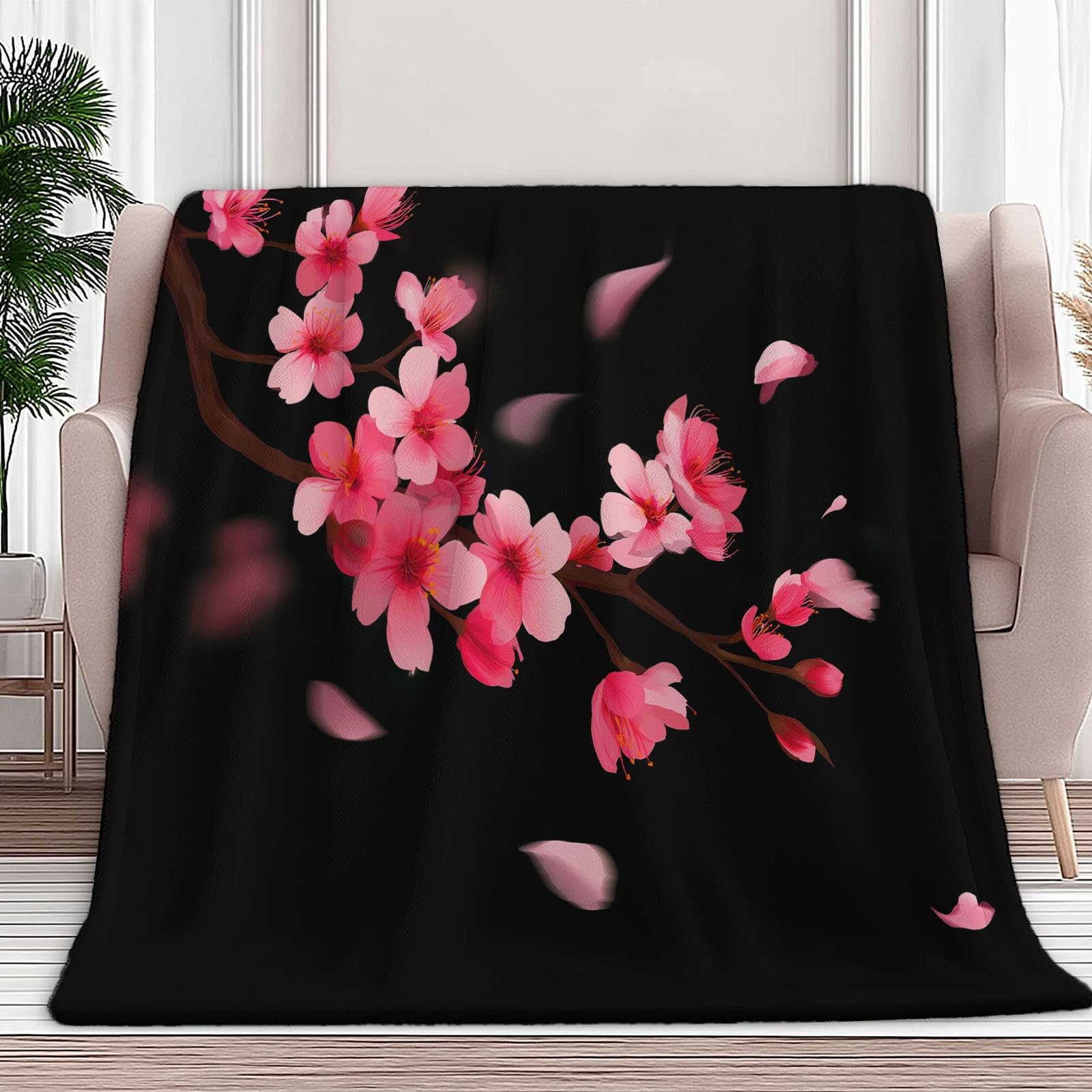 Ciepły flanelowy koc sherpa z minimalistycznymi kwiatami, kwiaty wiśni, gałęzie, 221 x 239 cm, miękki, przytulny, czarny, pluszowy, flanelowy, polarowy, 220 x 240 cm, dla dziewcząt, dzieci, dorosłych