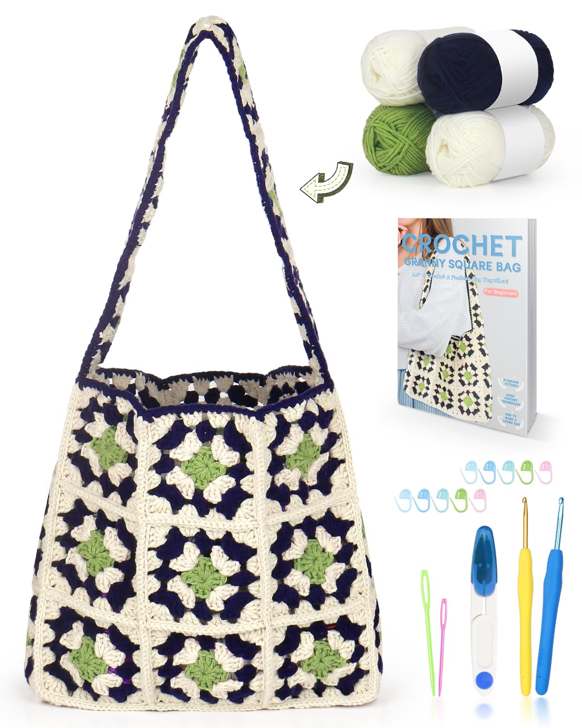 Katech Crochet Kit for Beginners-Granny Squares Crochet Bag Kits for Adults and Kids-Knitting Kit with Crochet Yarn for Crocheting and Knitting-Step-by-Step Instructions- Crochet Hooks- Holiday Gift