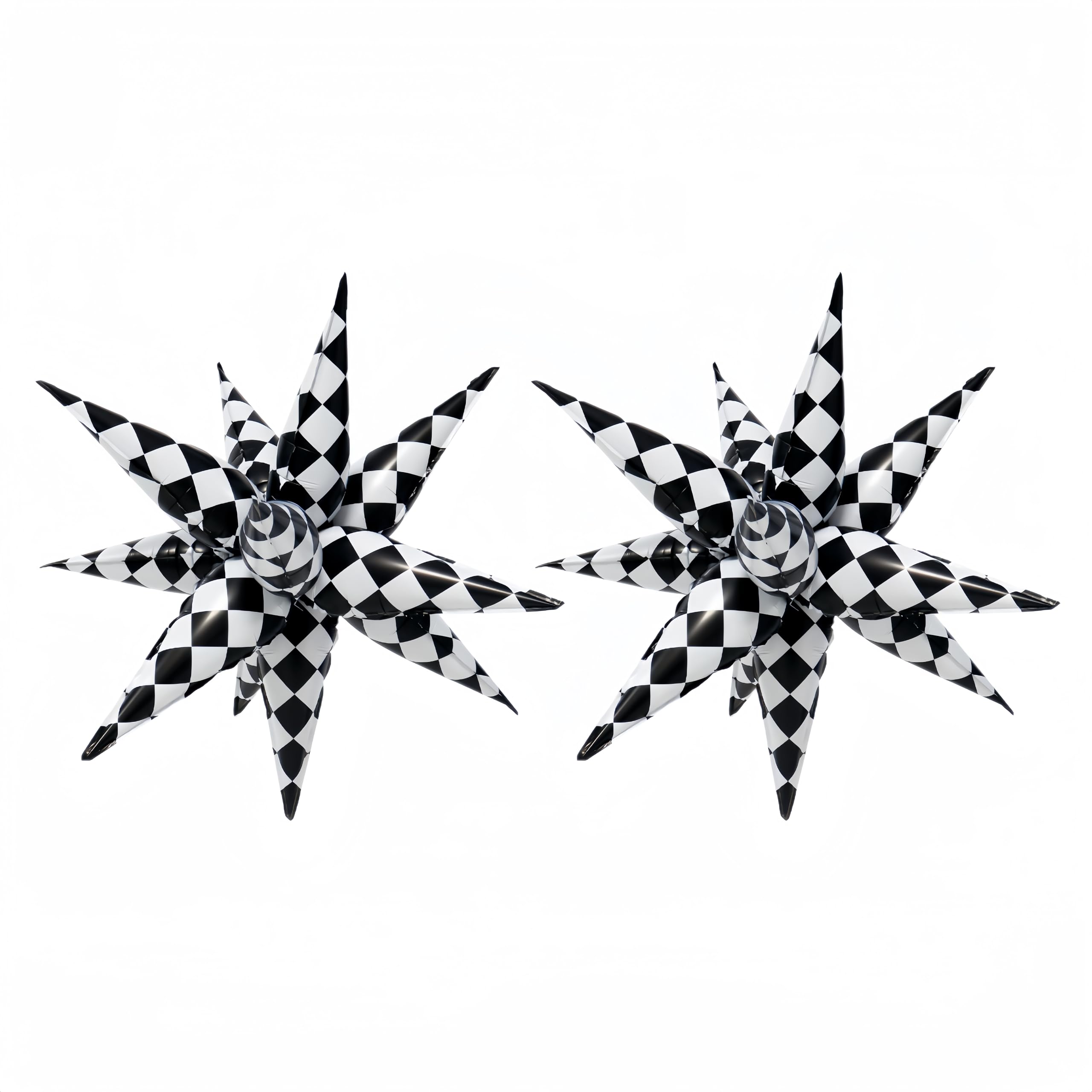 2*12 Pcs Black White Checkered Explosion Pointed Star Foil Balloons/4D Checkered Racing Balloons/Race Car Birthday Party Supplies/Las Vegas Casino Party/Father's Day Boys Birthday Party (2 Pcs Black)