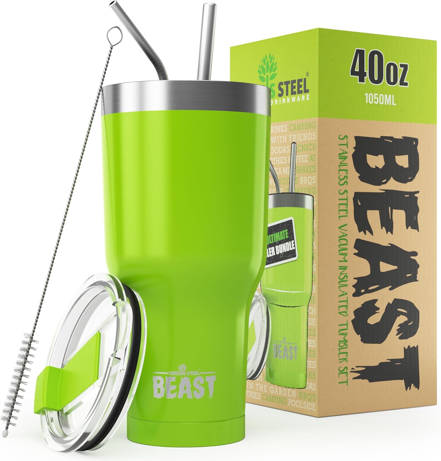 Beast 40 oz Tumbler Stainless Steel Vacuum Insulated Coffee Ice Cup Double Wall Travel Flask (Lemongrass Green) 40 Ounces Lemongrass Green