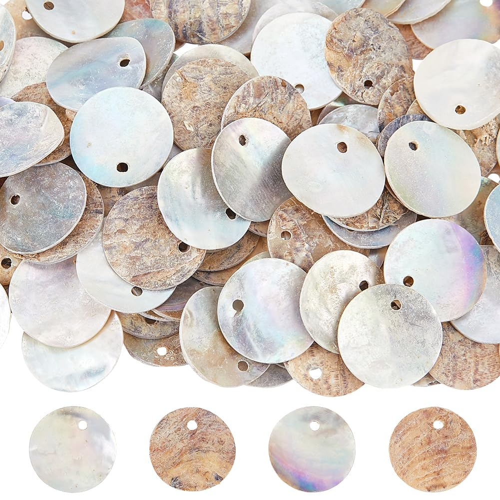 Hobbspring 150PCS Flat Round Shell Beads 15mm Disc Coin Seashells Charms Coffee Natural Akoya Shell Dyed Disc Charms for DIY Craft Earring Bracelet