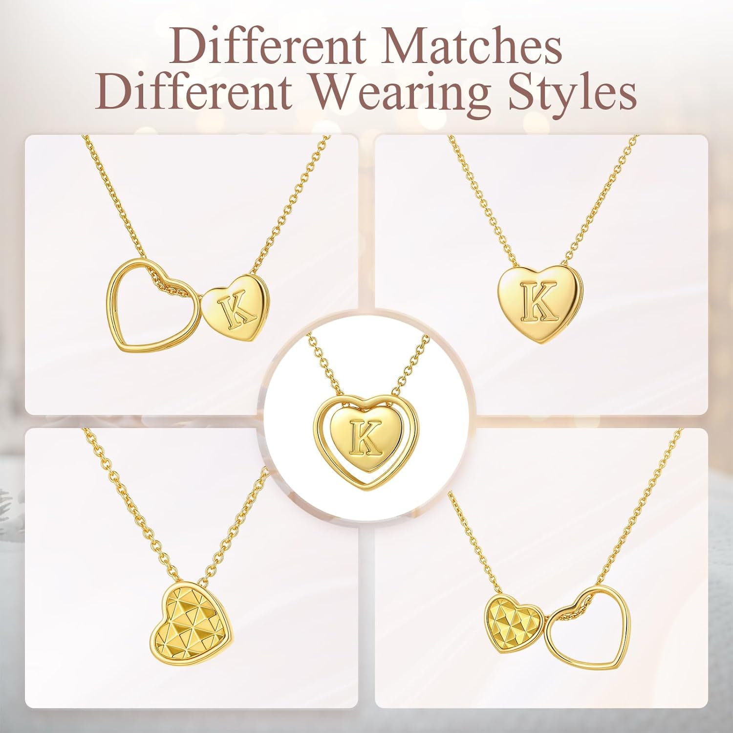 Heart Initial Necklace for Women - Dainty 14k Gold Plated Double Heart Letter Pendant Necklace Multi-wear Personalized Jewelry Birthday Christmas Gifts for Women - Image 2