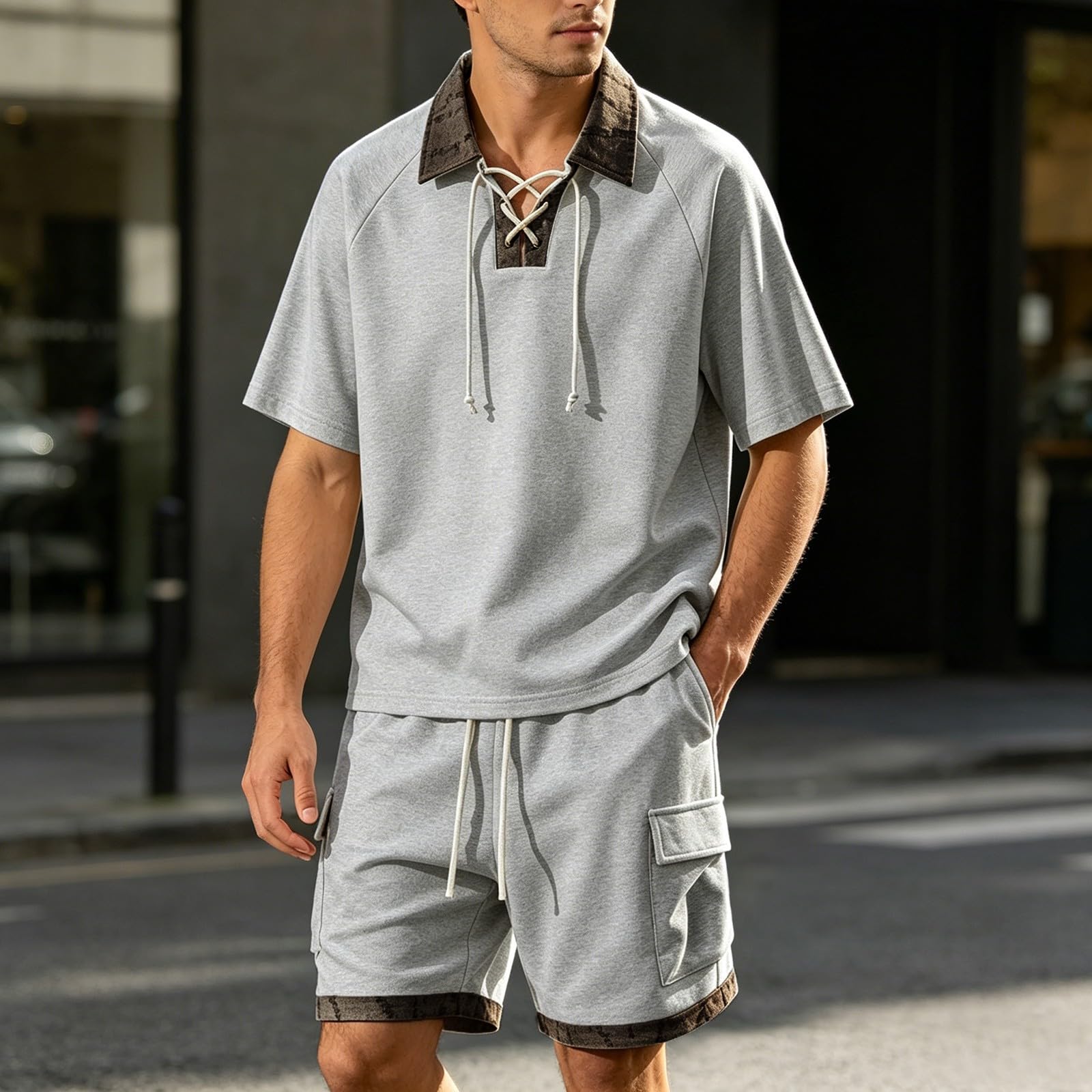 Tuta da jogging da uomo, due pezzi, polo e pantaloncini, con coulisse, estiva, per il tempo libero, abbigliamento sportivo, con risvolto, tuta da allenamento per attività all'aperto