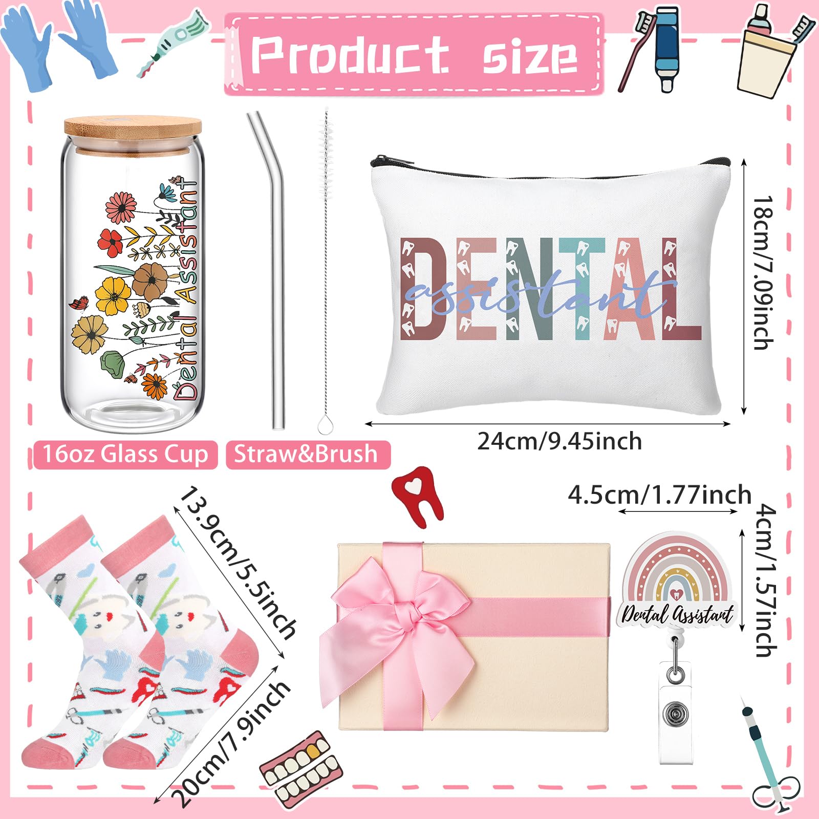 Skylety 5 Pcs Dental Assistant Gifts Women Dentist Gift 16oz Cup Socks Cosmetic Bag Badge Holder Dental Hygienist Appreciation Gift Box for Dentals Assistant Accessories Birthday Graduation