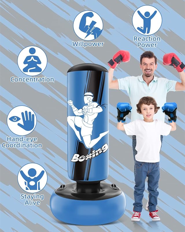 Sac de box gonflabil vertical de 160 cm pentru copii, cu mănuși de box, pentru antrenamente de MMA, karate și taekwondo