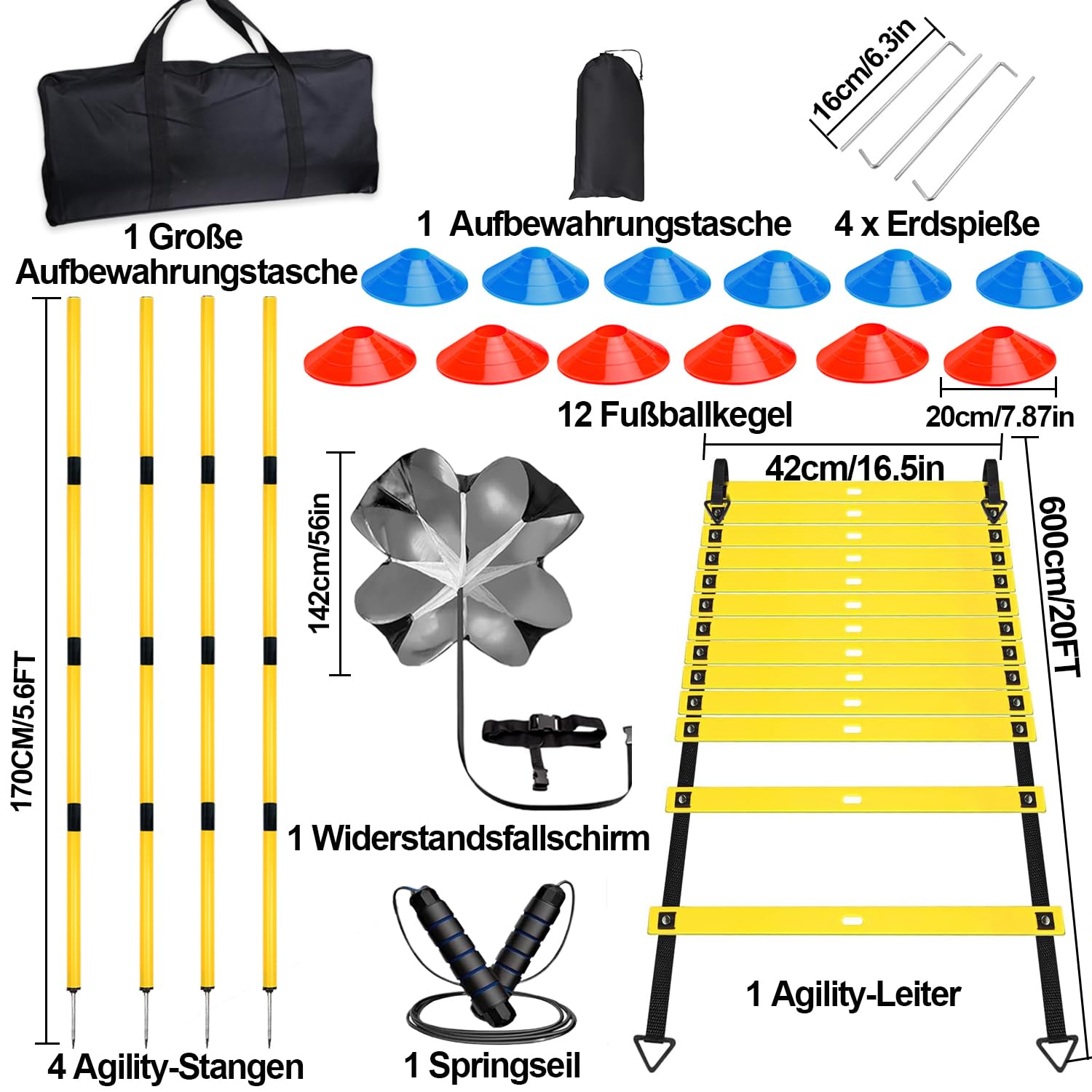 Fußball Trainingsset Mit 6 Agility Bars, Koordinationsleiter Fußball Und 10 Hütchen - Perfekt Für Speedtraining, Fußball, Basketball & Mehr - Hellfarben Für Bessere Sichtbarkeit
